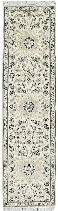 TeppichBazar Nain 9 La Läufer Teppich 306x80 cm, Elfenbein-Hellblau, handgeknüpft