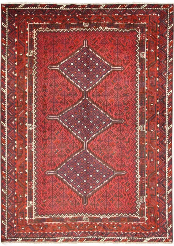 Shiraz Orientteppich 322x229 cm, rot mit geometrischen Mustern, handgeknüpft