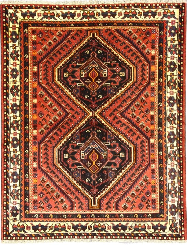 Shiraz Teppich 199x153 cm, geometrisch, rot, handgeknüpft, Perserteppich