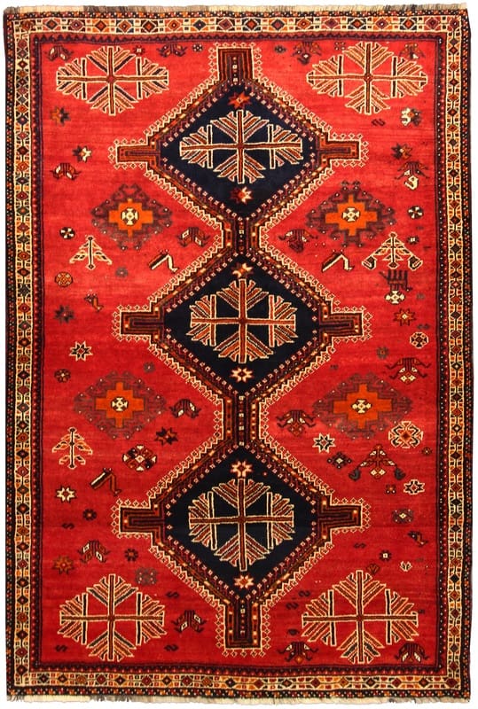 Shiraz Teppich 250x166 cm, leuchtend rot, Qashqai, handgeknüpft