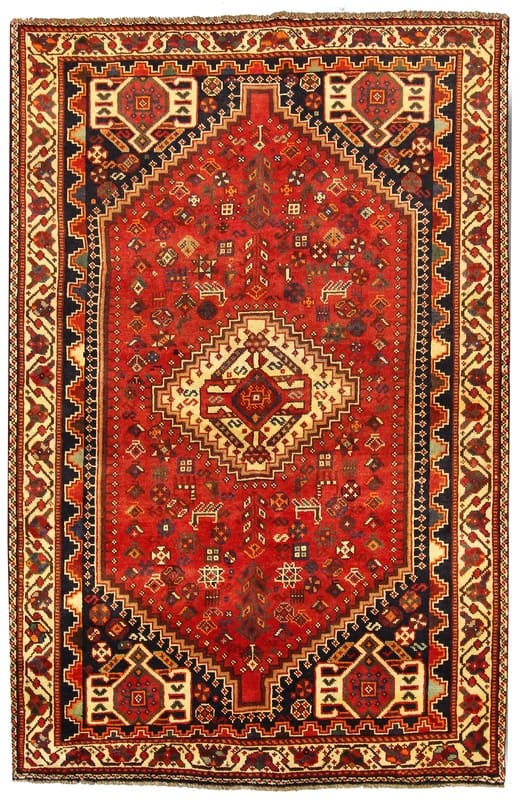 Shiraz Teppich 253x163 cm, rot-creme, Qashqai, handgeknüpft