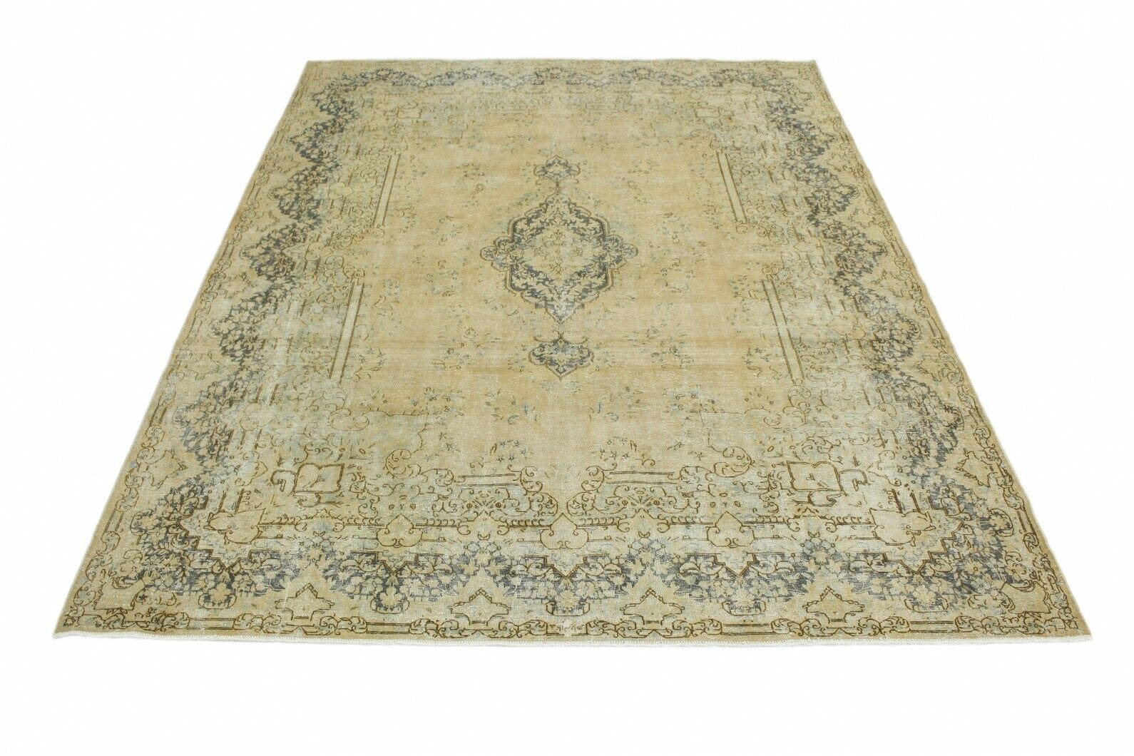 Vintage Orientteppich Beige 391x309cm, handgeknüpft, Design-Unikat