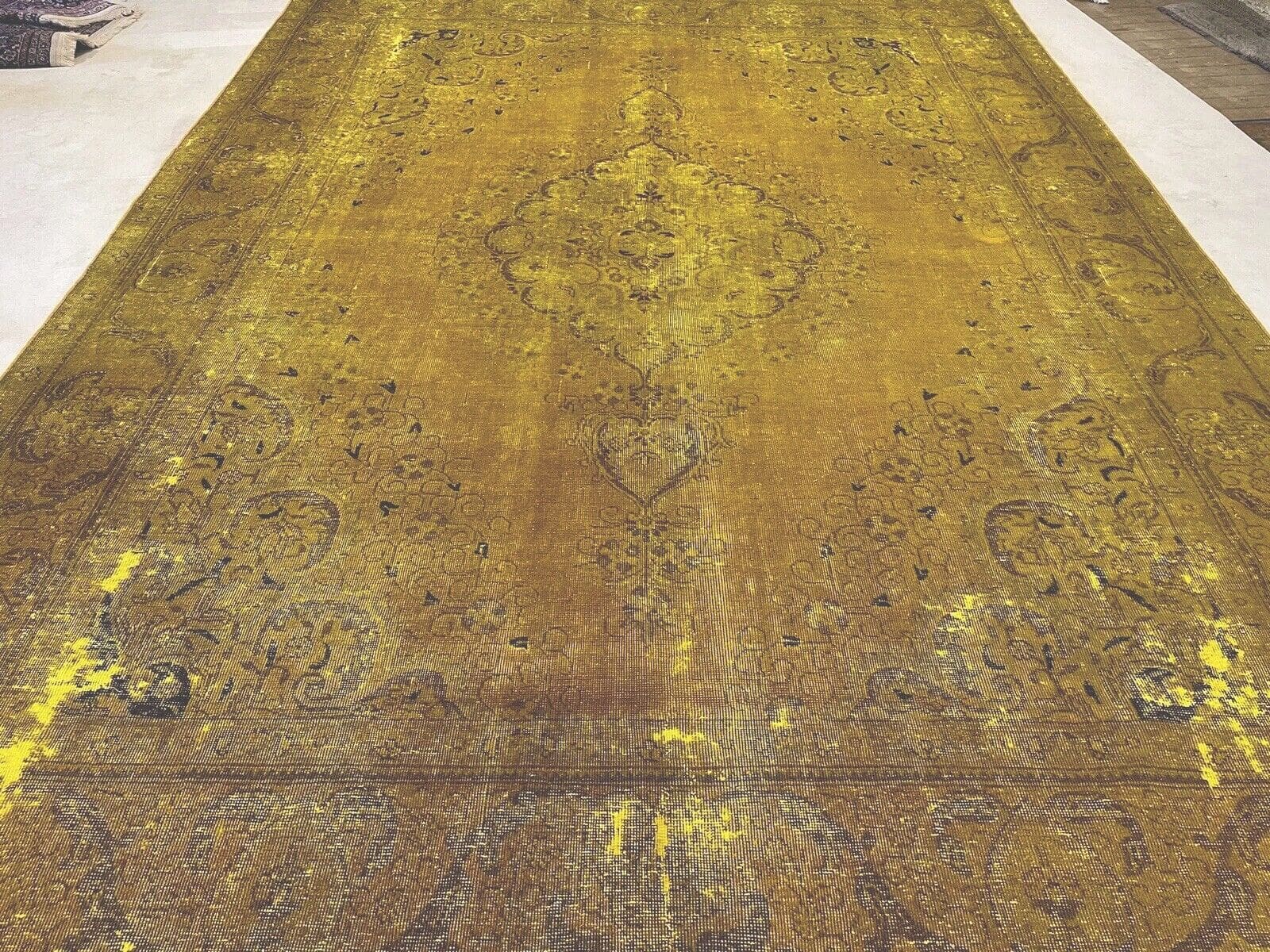 Vintage Perserteppich 389x295cm, gelb-gold, handgeknüpft