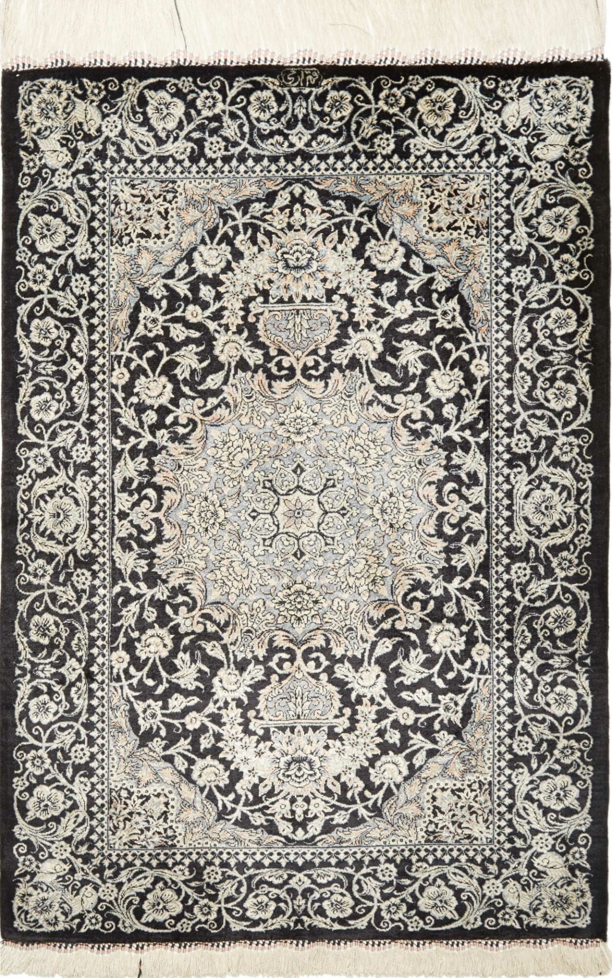 Eleganter Ghom Teppich 63 x 87cm aus Seide, handgeknüpft, Perserteppich