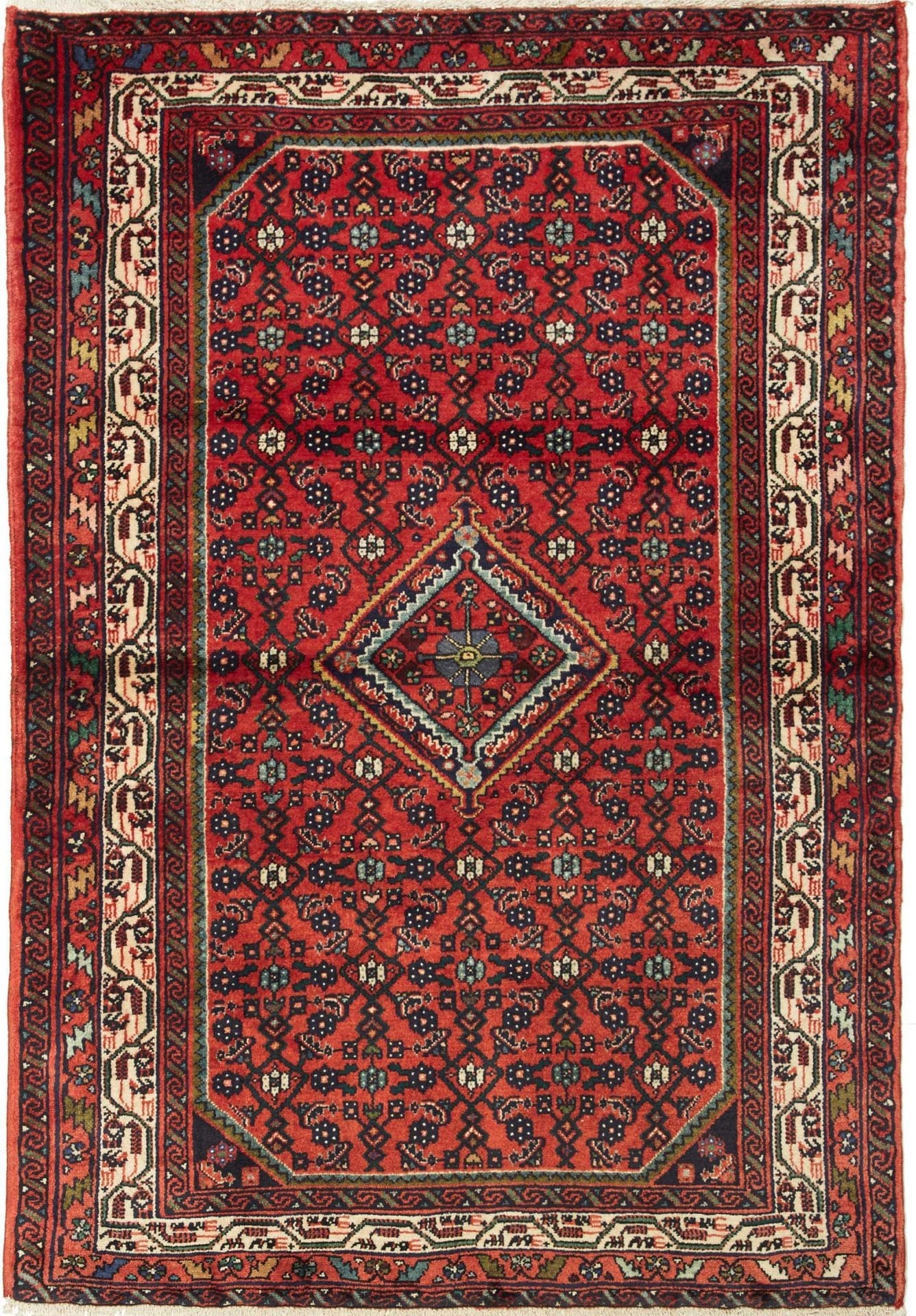 Eleganter Hamadan Teppich 101 x 143 cm aus Schurwolle, handgeknüpft