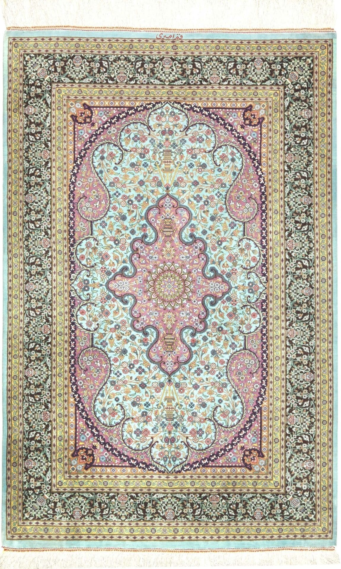 Ghom Teppich 82 x 121cm, Seide, florales Muster, handgeknüpft