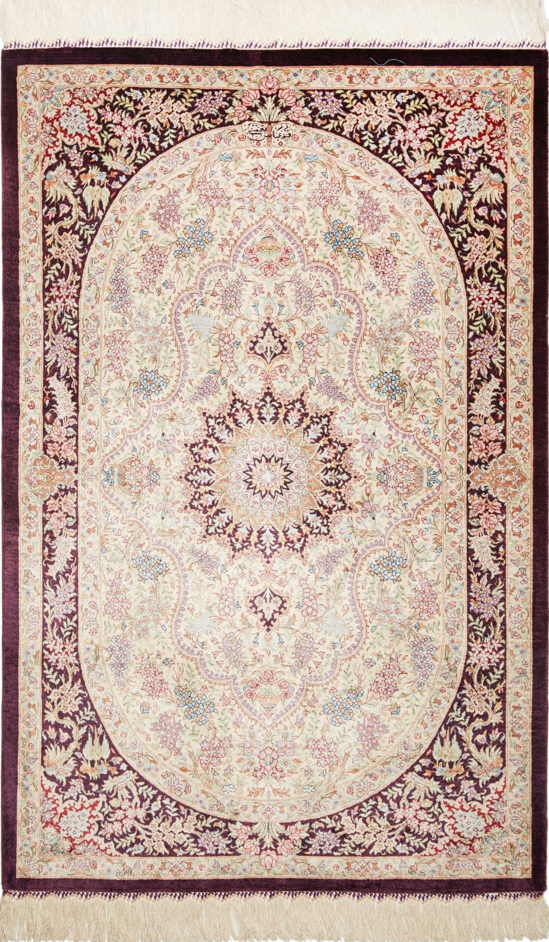 Ghom Teppich 82 x 121cm, Seide, florales Muster, handgeknüpft