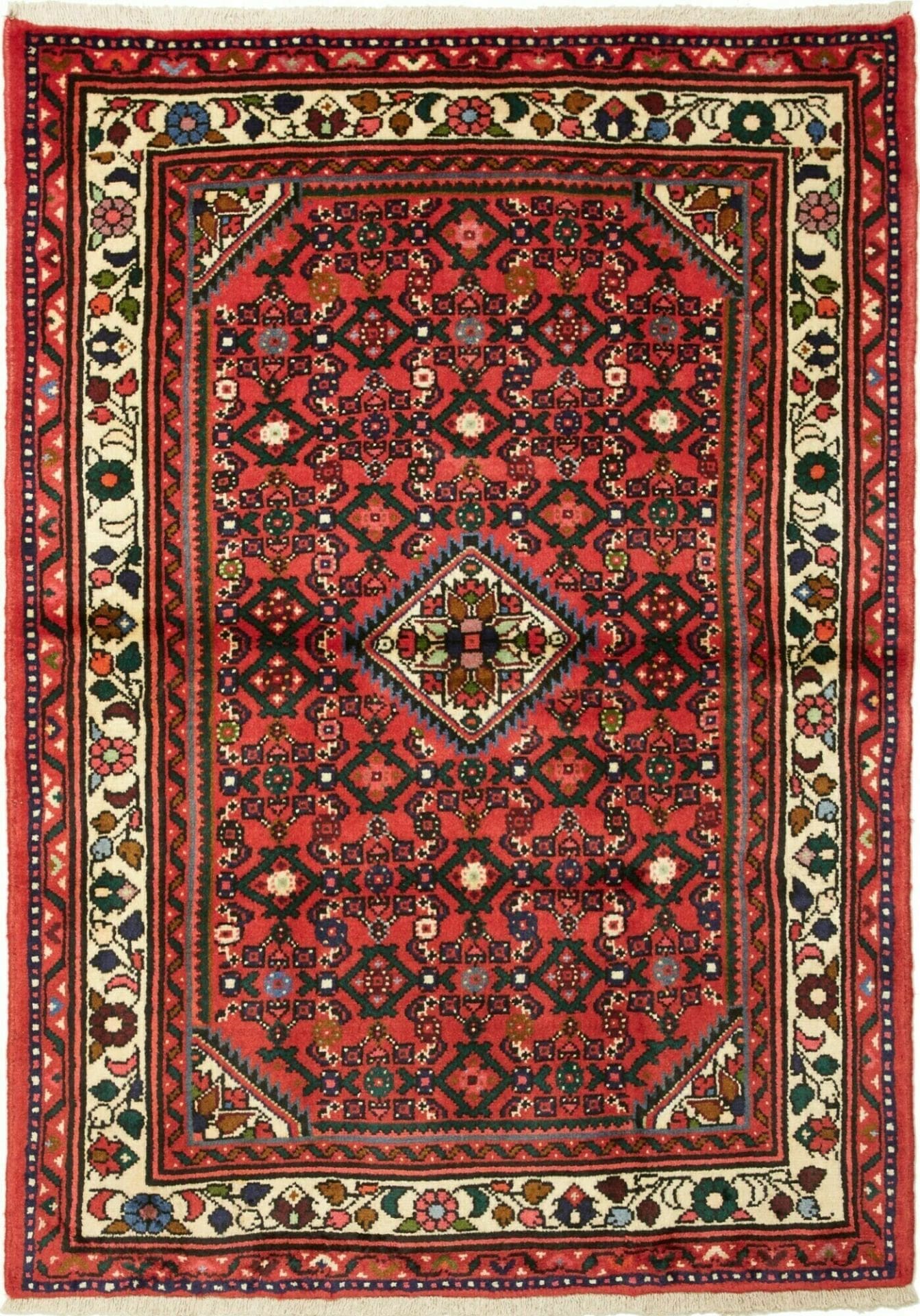 Hamadan Teppich 103 x 142cm, Schurwolle, geometrisches Muster, handgeknüpft