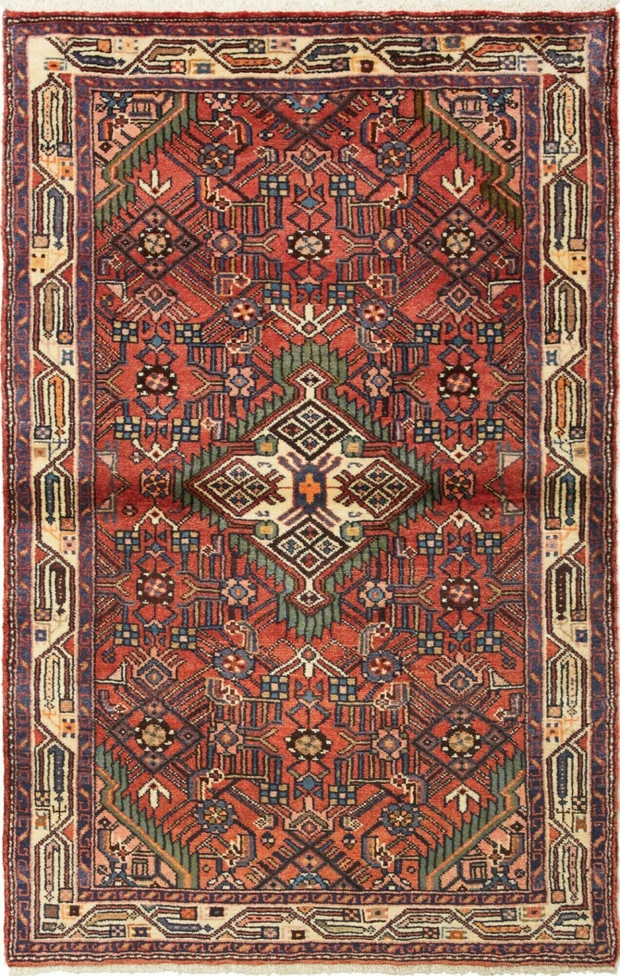 Hamadan Teppich 103 x 157cm, Schurwolle, geometrisches Muster, handgeknüpft