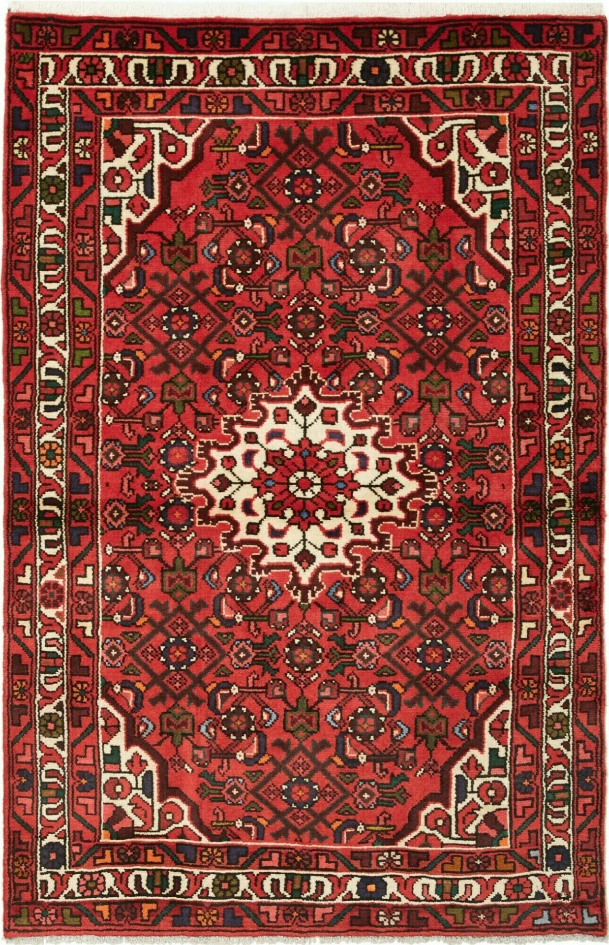Hamadan Teppich 103 x 158 cm, Schurwolle, handgeknüpft, blau-rot