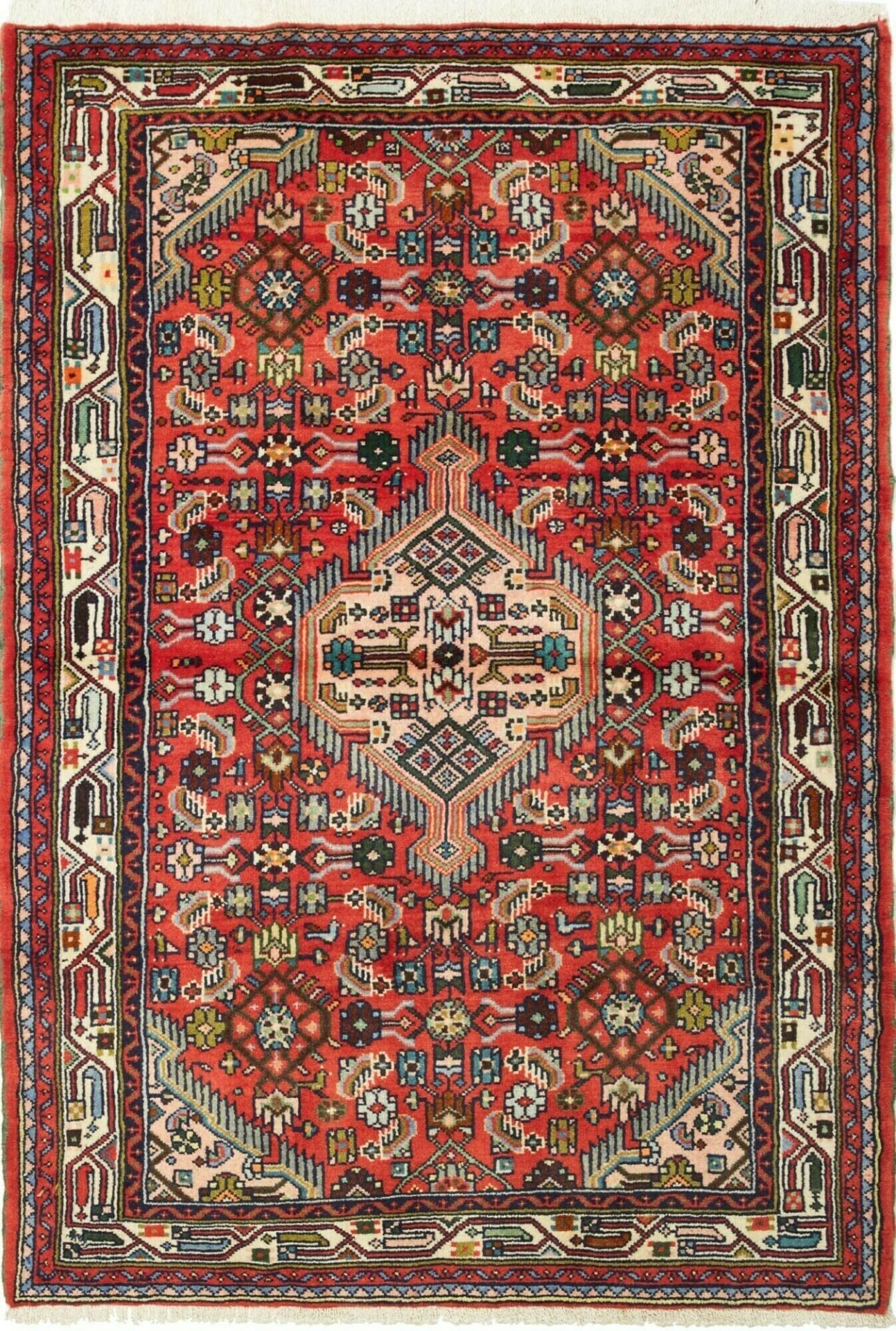 Hamadan Teppich 105 x 150 cm, Schurwolle, handgeknüpft, rot-blau