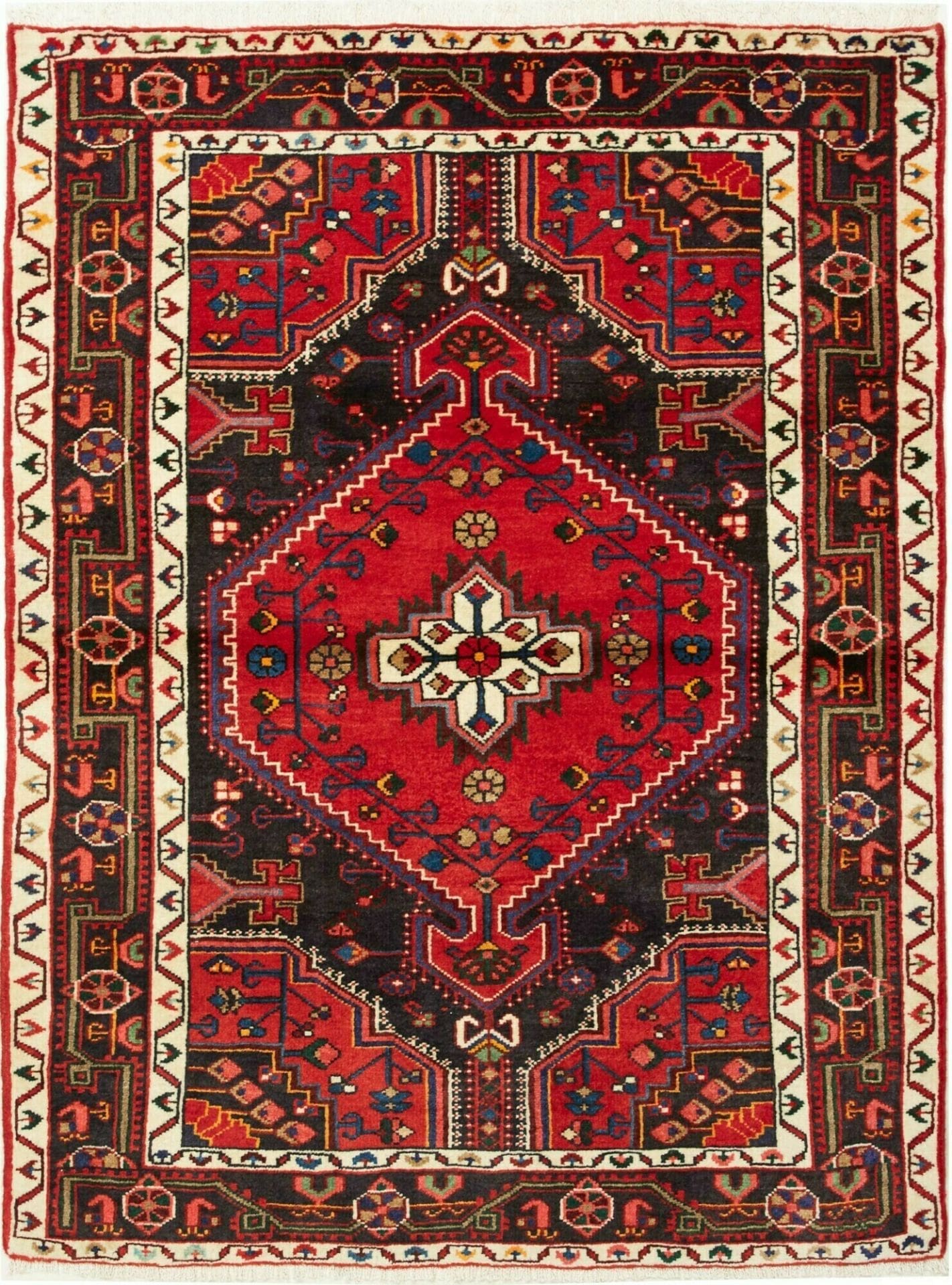 Hamadan Teppich 106 x 142cm, Schurwolle, geometrisches Muster, handgeknüpft