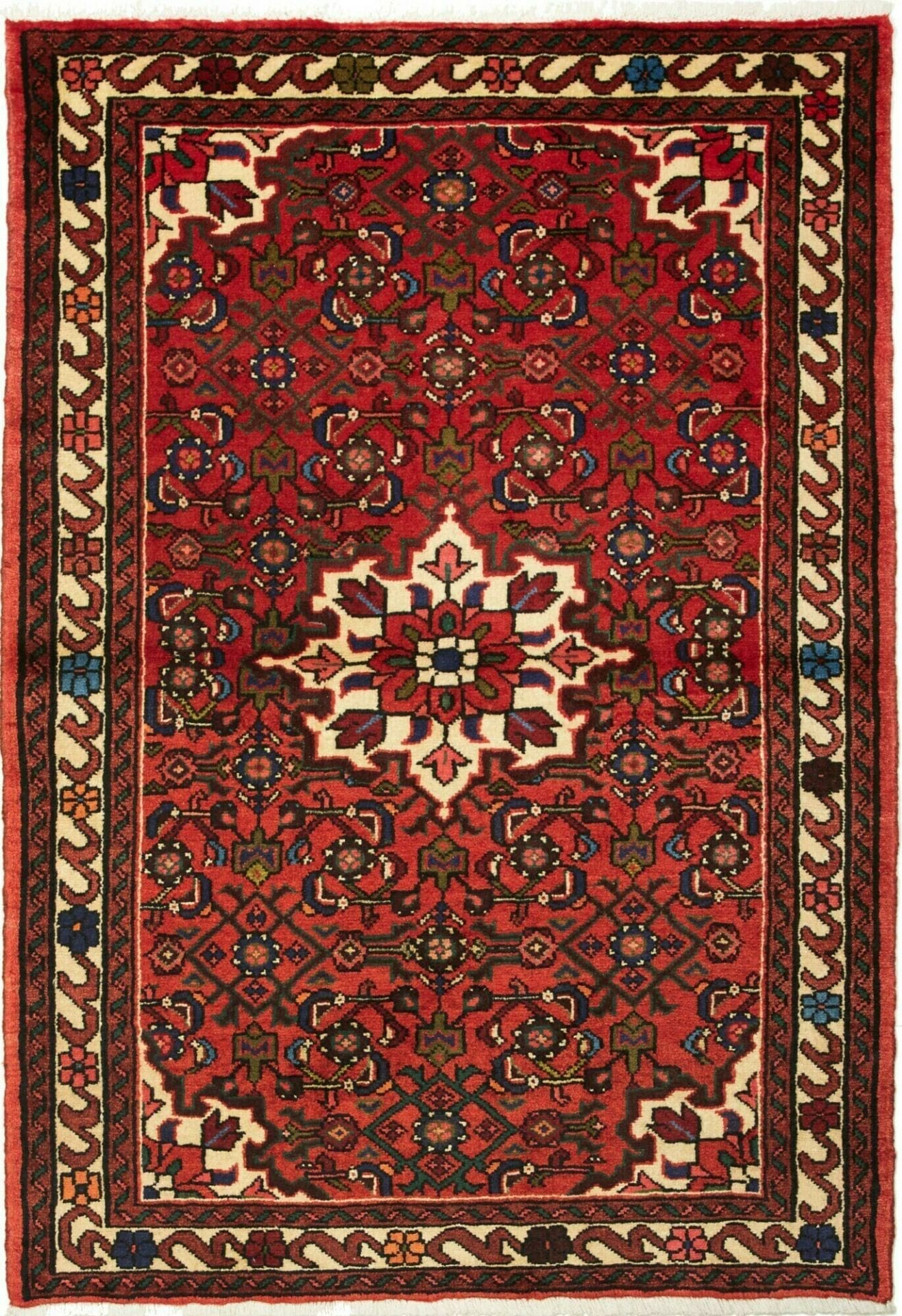 Hamadan Teppich 107 x 148 cm, Schurwolle, geometrisches Muster, handgeknüpft