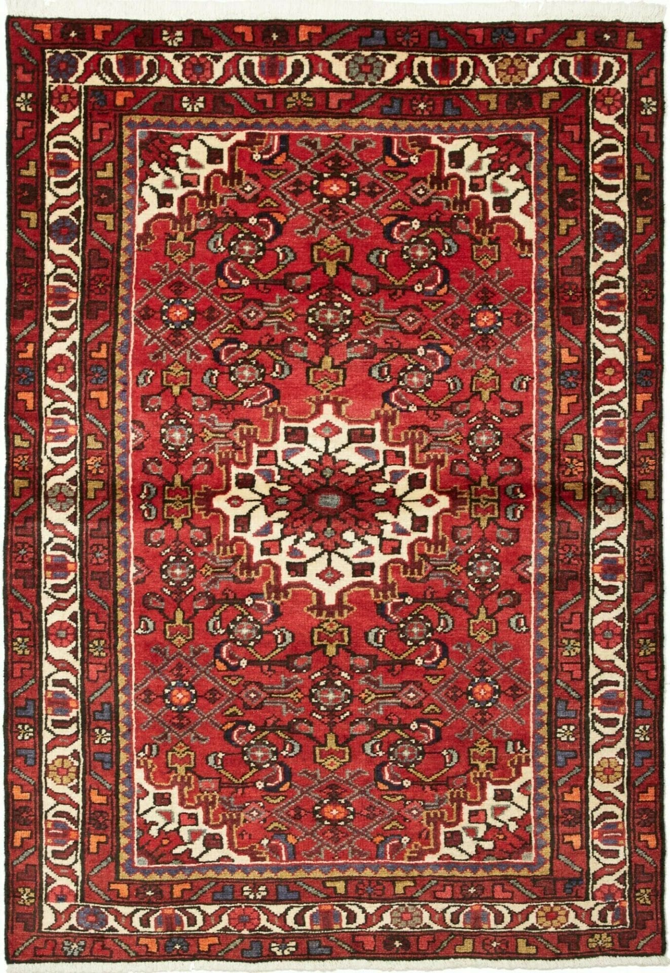 Hamadan Teppich 113 x 155cm, Schurwolle, geometrisches Muster, handgeknüpft