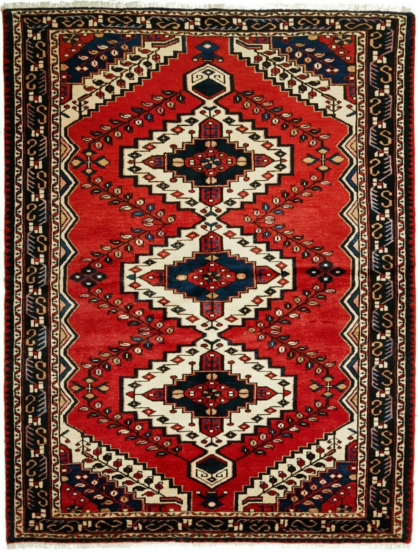 Hamadan Teppich 153 x 201 cm, Schurwolle, geometrisches Muster, handgeknüpft