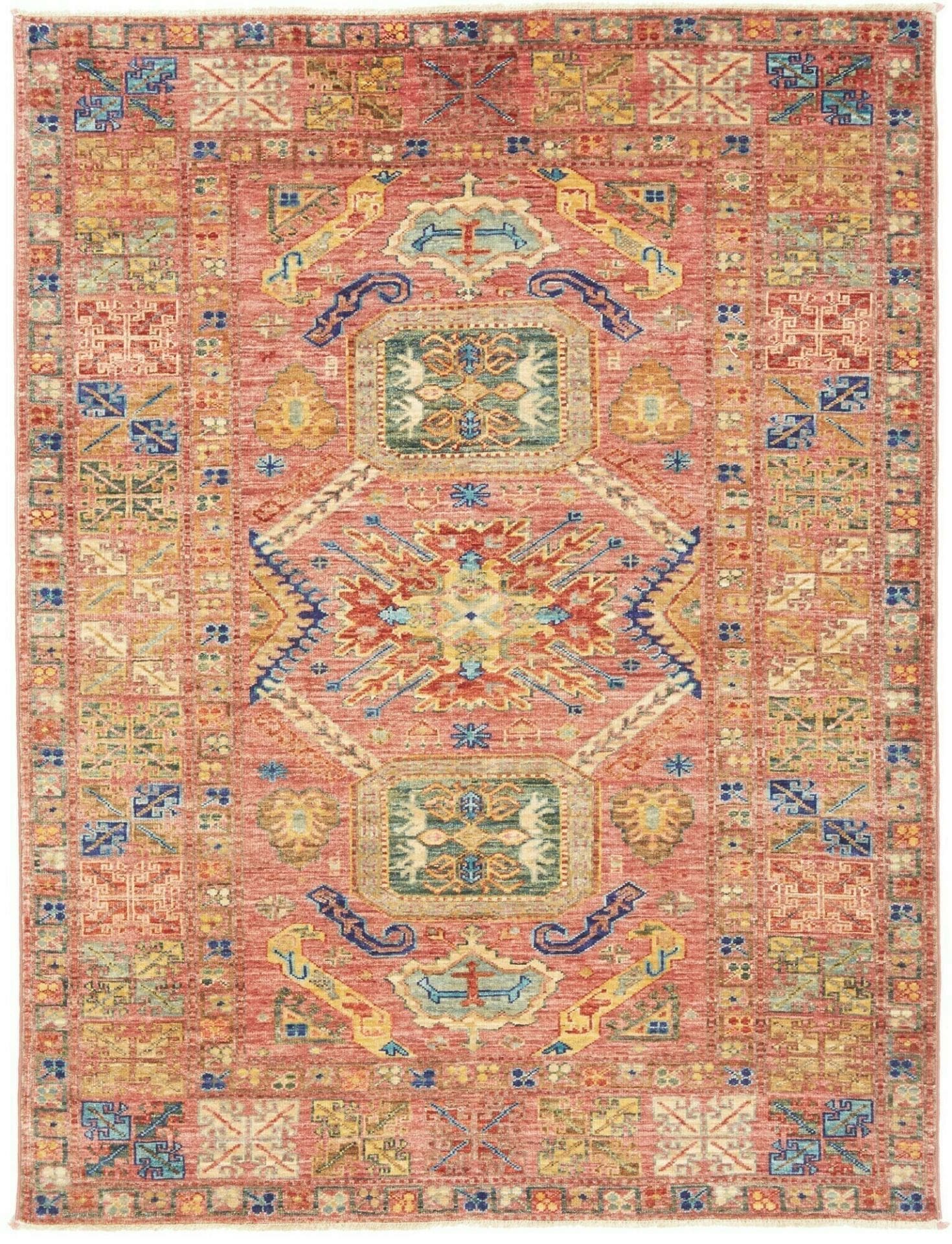 Handgeknüpfter Kazak Teppich 132 x 168 cm, geometrische Muster, Wolle