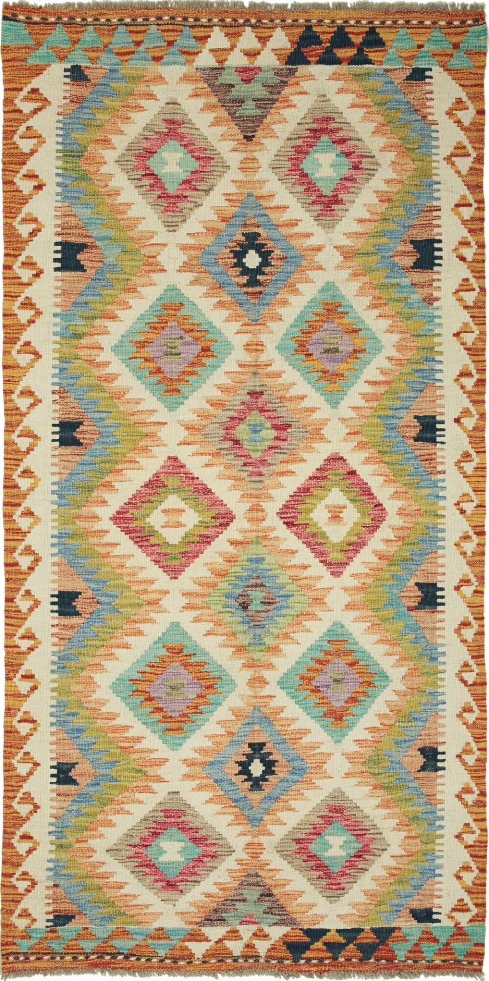 Handgewebter Kelim 104 x 202cm aus Schurwolle, rustikal, Orientteppich