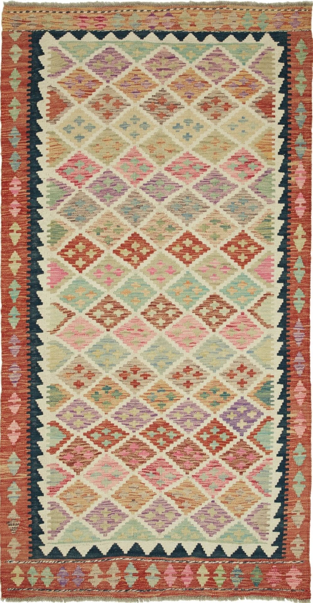 Handgewebter Kelim Teppich 108 x 203cm aus Schurwolle, rustikal