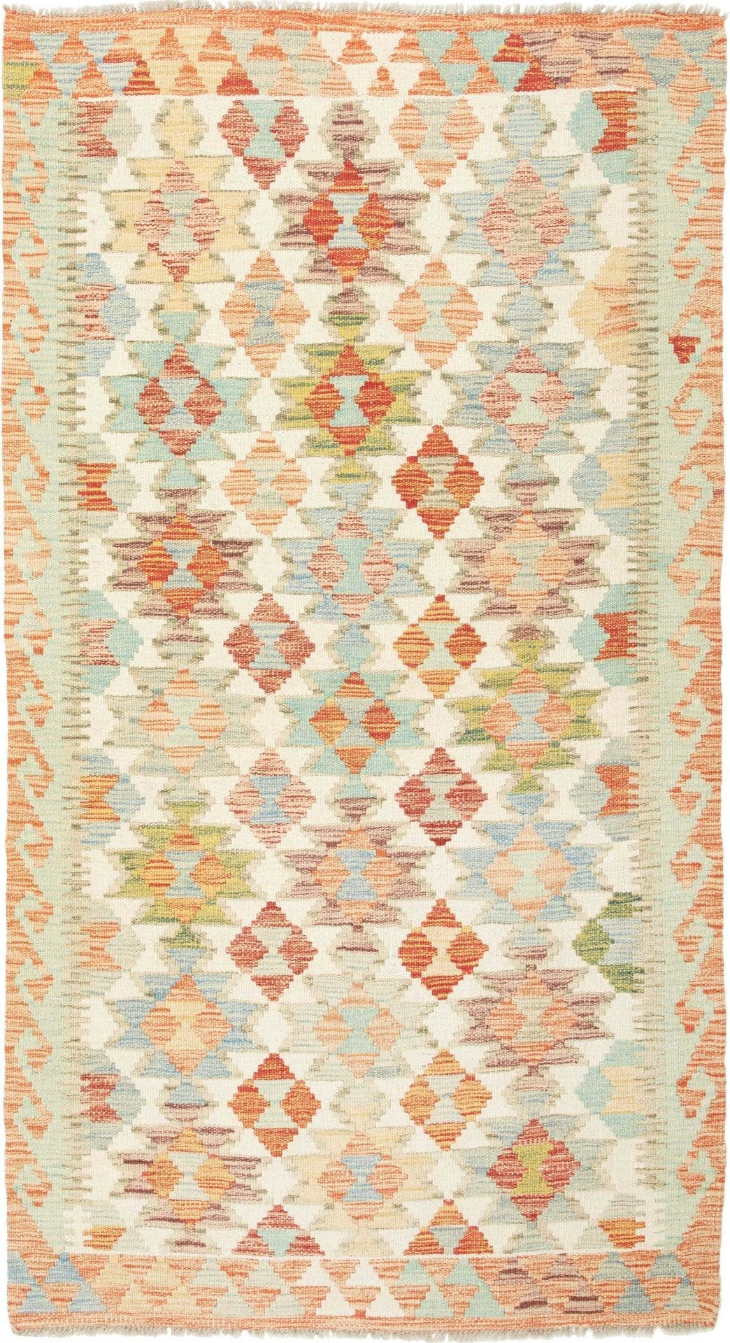 Handgewebter Kelim Teppich 110 x 197cm aus Schurwolle, rustikal