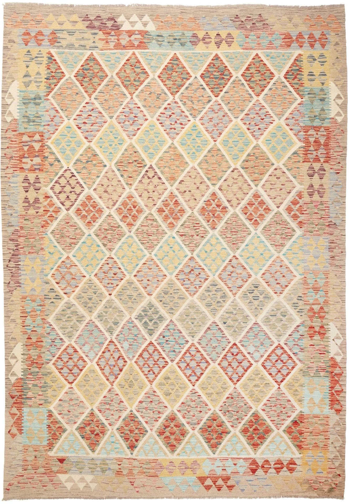 Handgewebter Kelim Teppich 210 x 296cm, Schurwolle, rustikal, Orientteppich