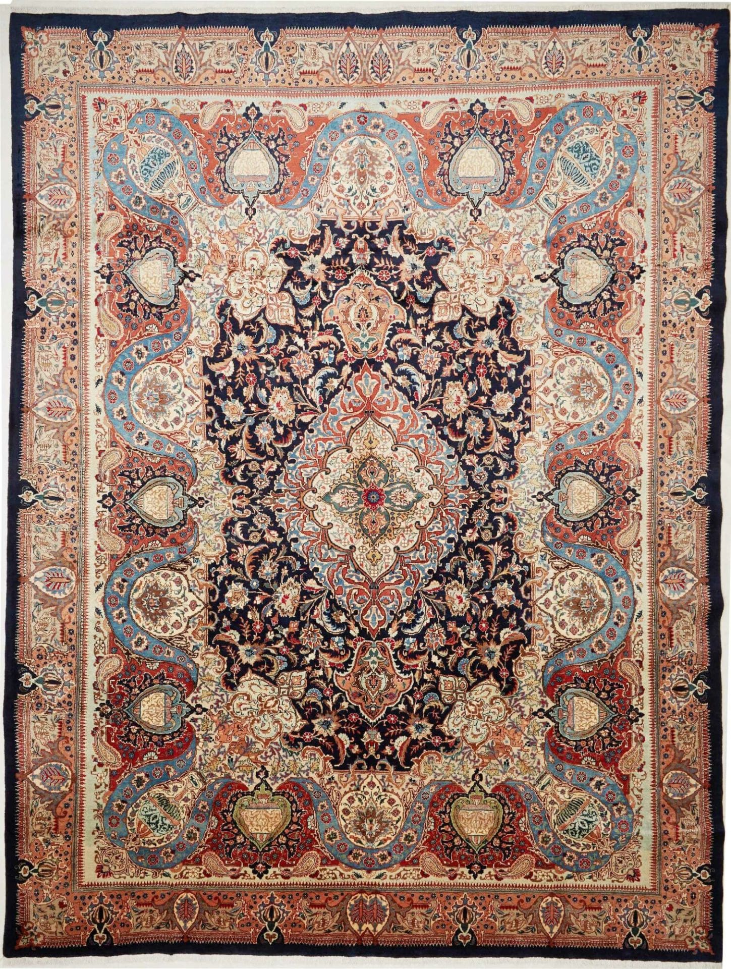 Kashan Teppich 297 x 396cm, Schurwolle, florale Muster, handgeknüpft