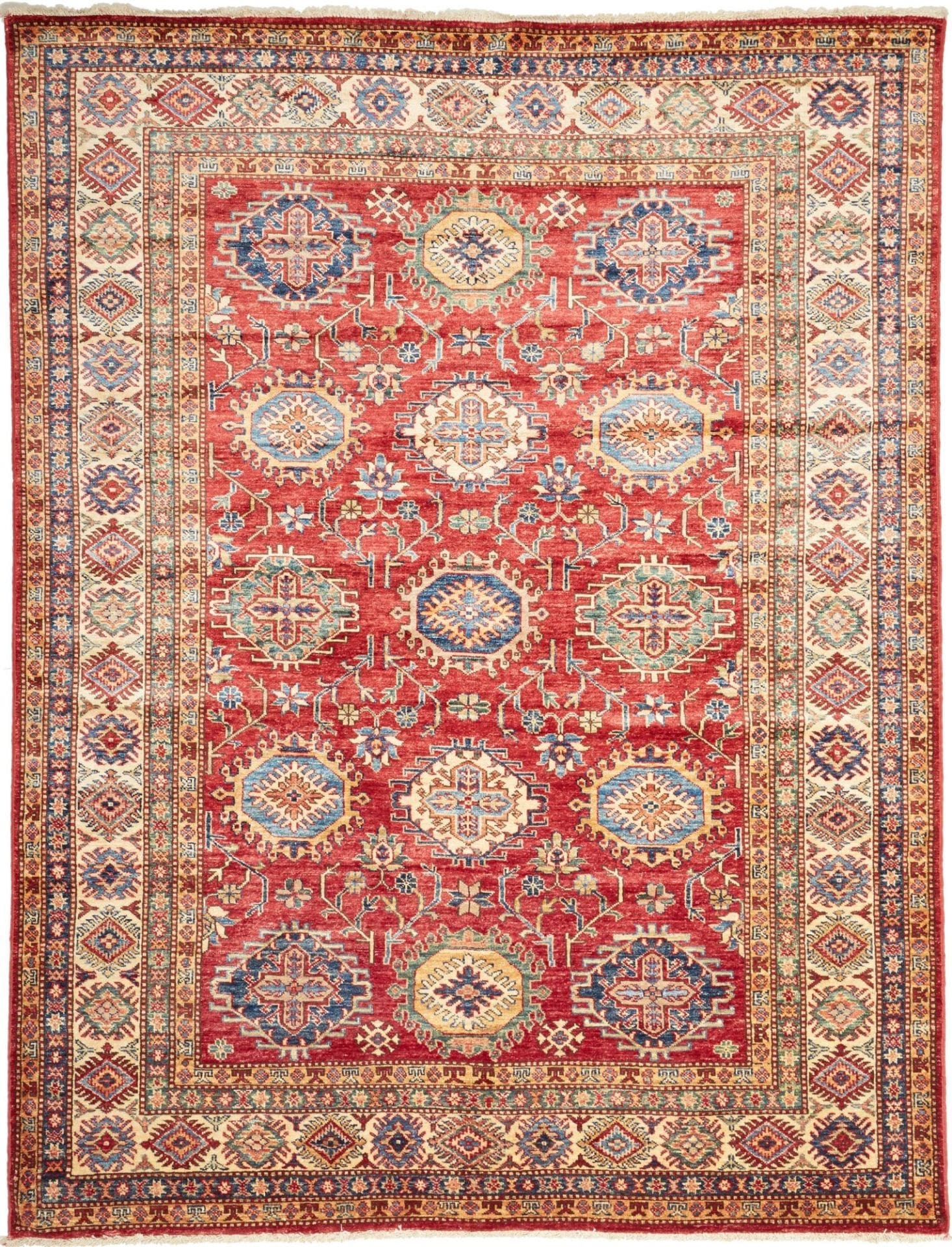 Kazak Orientteppich 183 x 234cm, geometrisches Muster, handgeknüpft