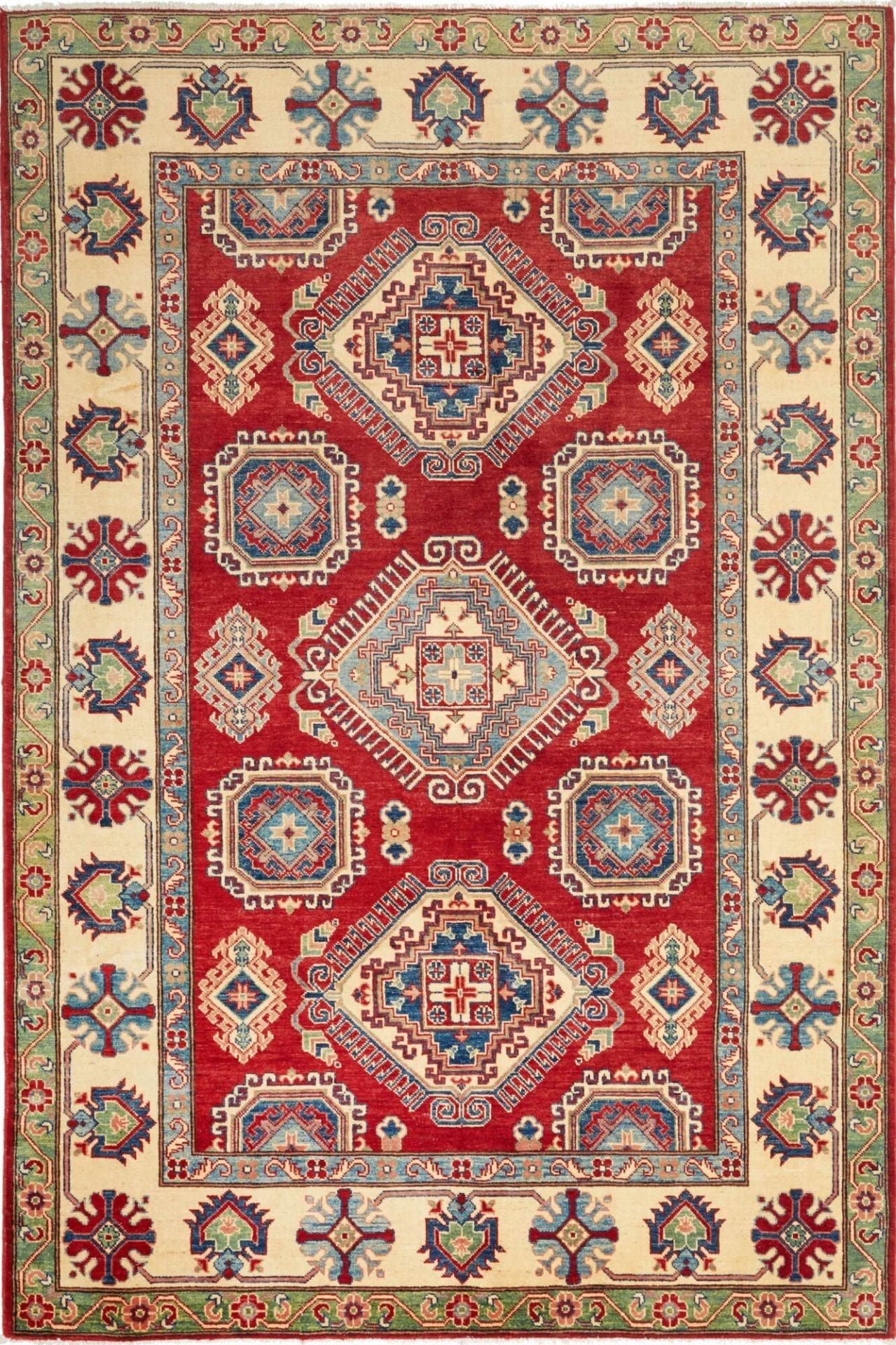 Kazak Orientteppich 187 x 273 cm, geometrische Muster, handgeknüpft