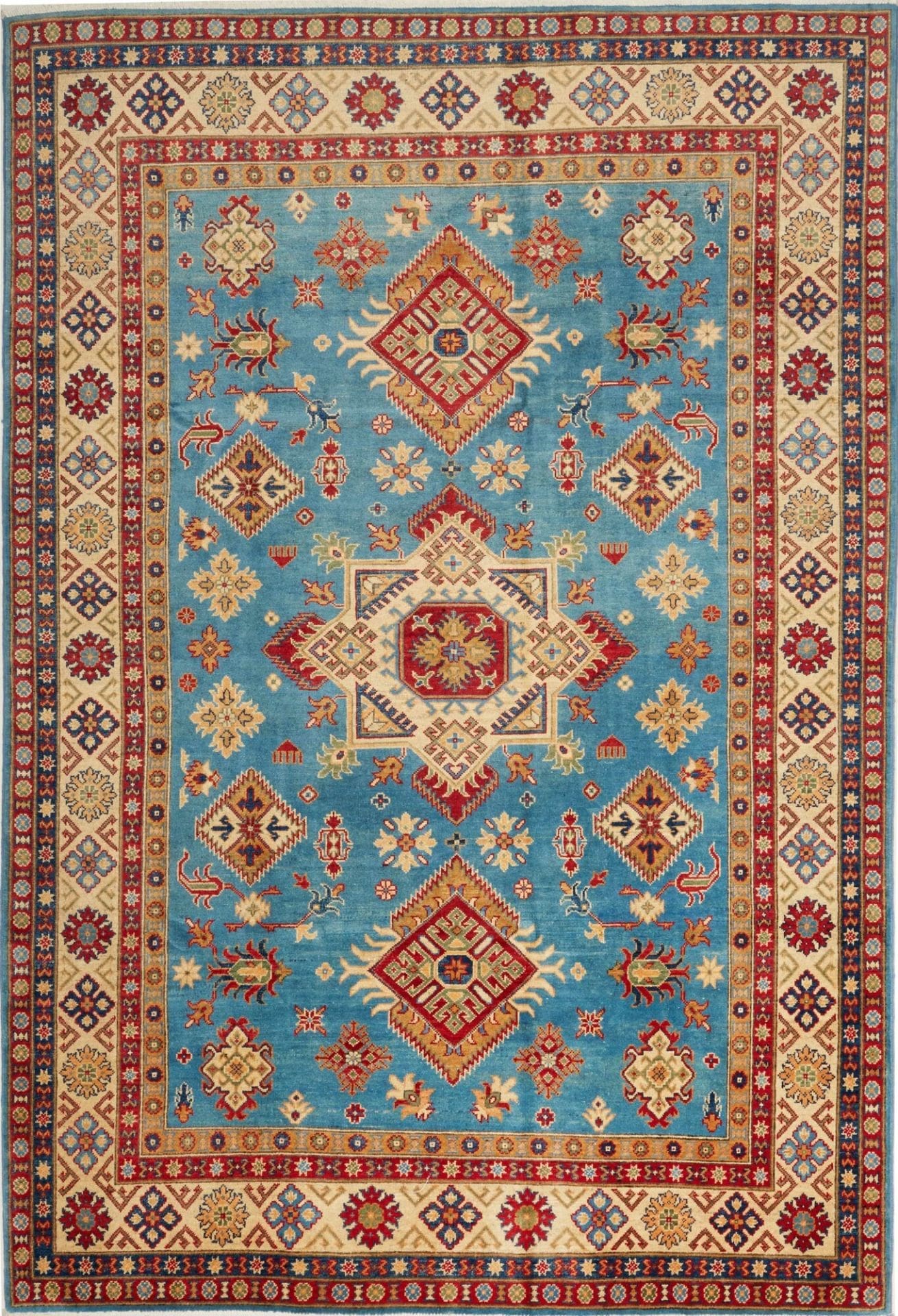 Kazak Orientteppich 201 x 293 cm, geometrisches Design, handgeknüpft