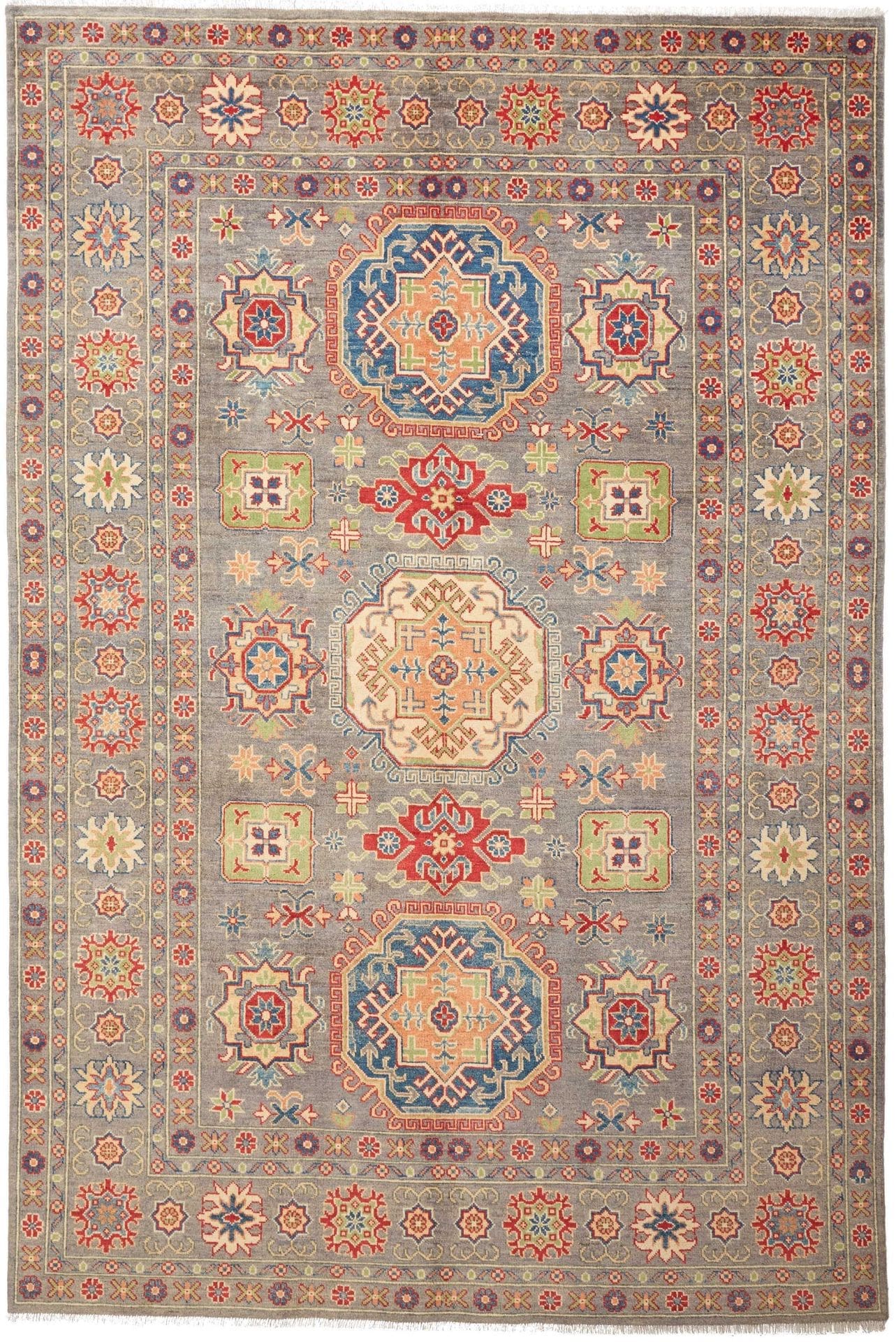 Kazak Orientteppich 201 x 296 cm, geometrisches Muster, handgeknüpft