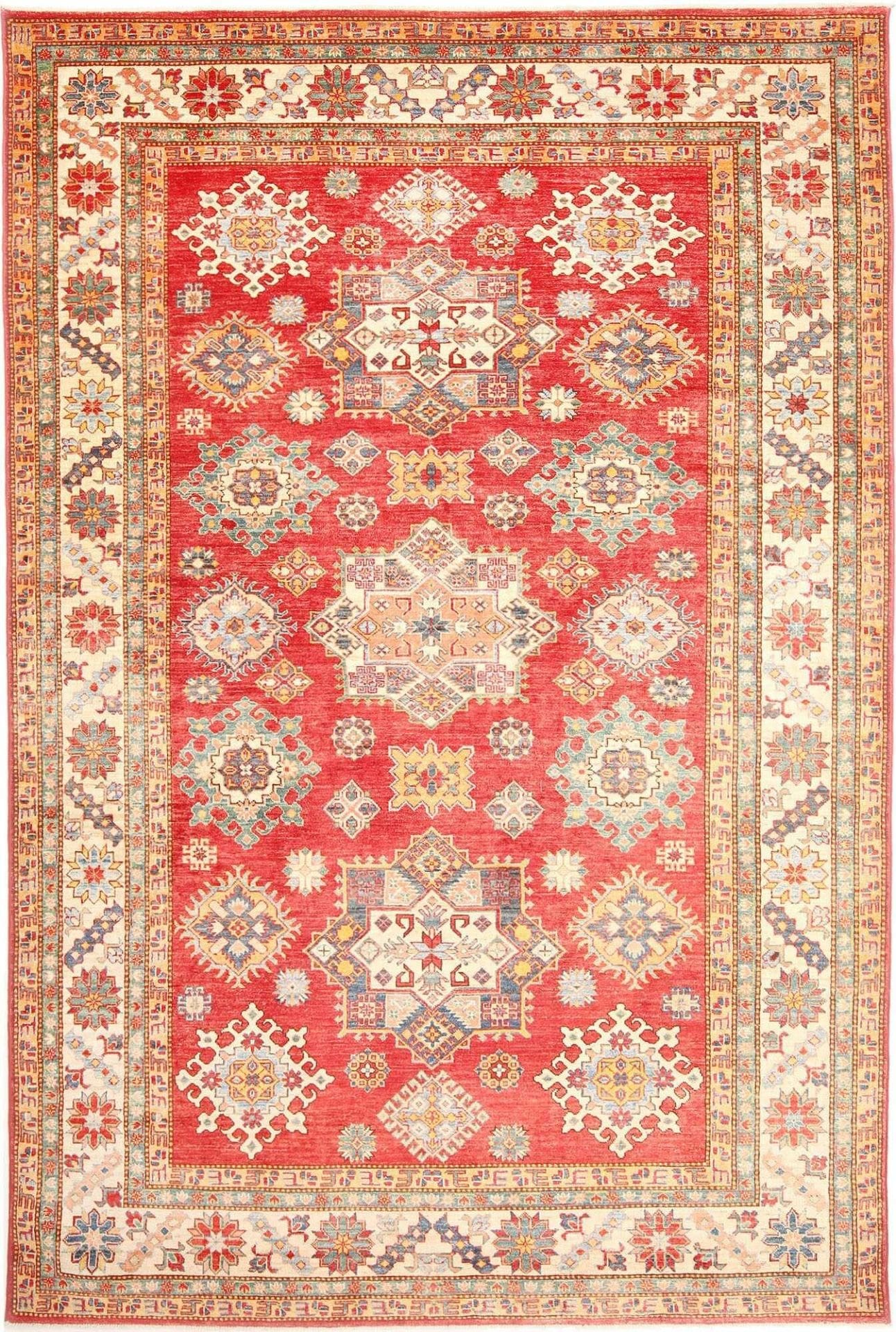 Kazak Orientteppich 217 x 311cm, geometrisches Muster, handgeknüpft