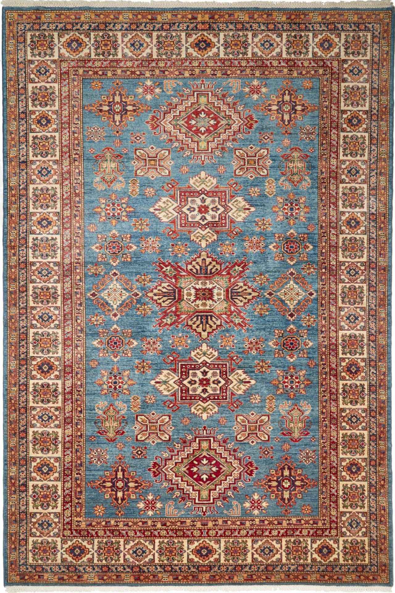 Kazak Orientteppich 217 x 312 cm, geometrisches Muster, handgeknüpft