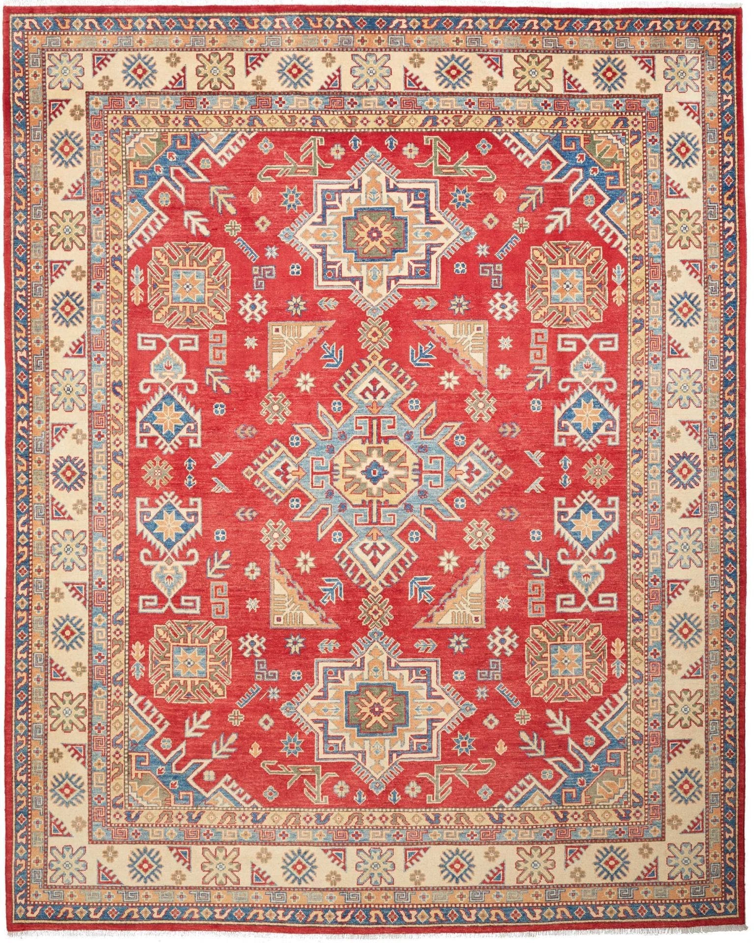 Kazak Orientteppich 247 x 307 cm, geometrisches Muster, handgeknüpft