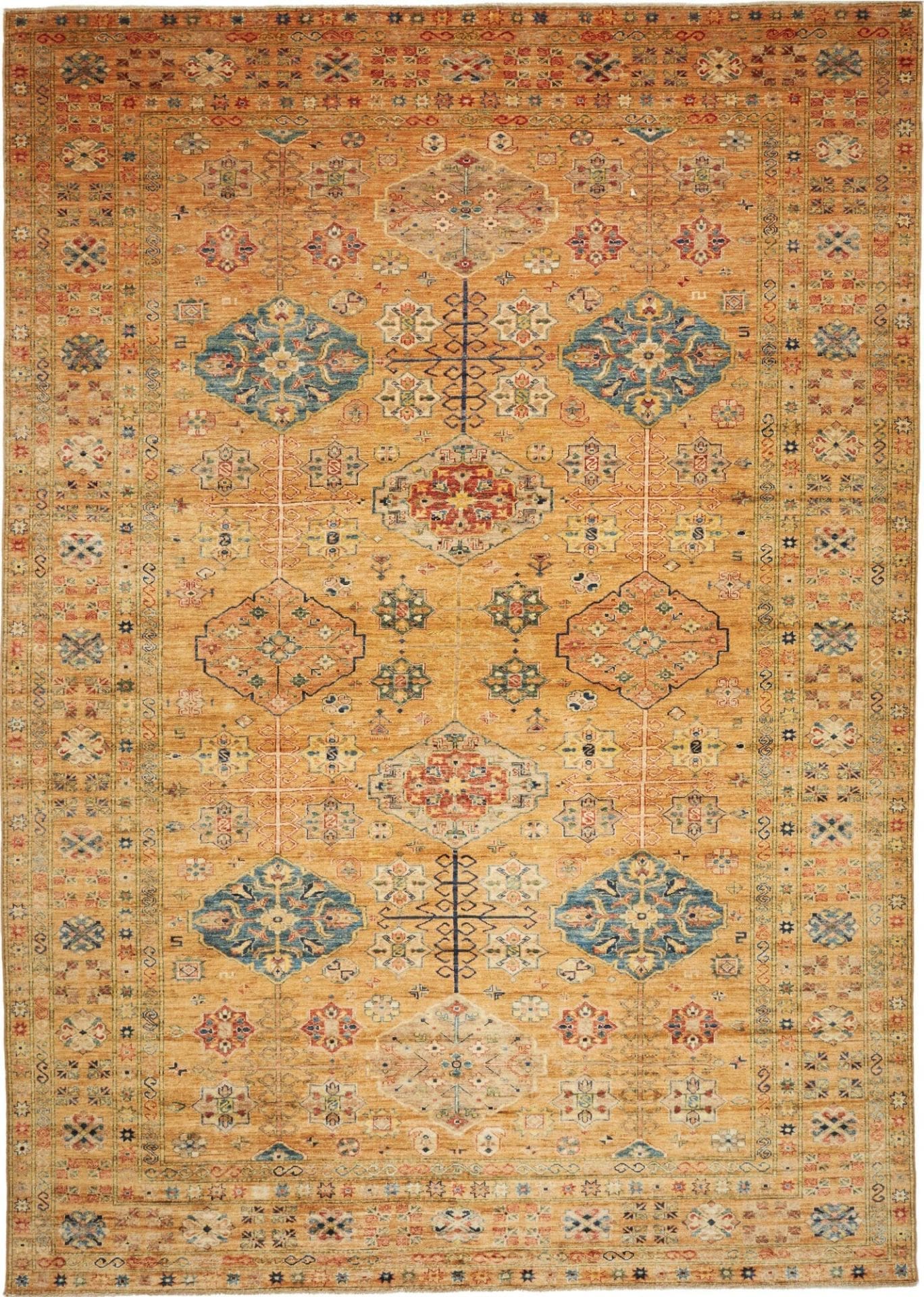 Kazak Orientteppich 254 x 356 cm, geometrisches Muster, handgeknüpft