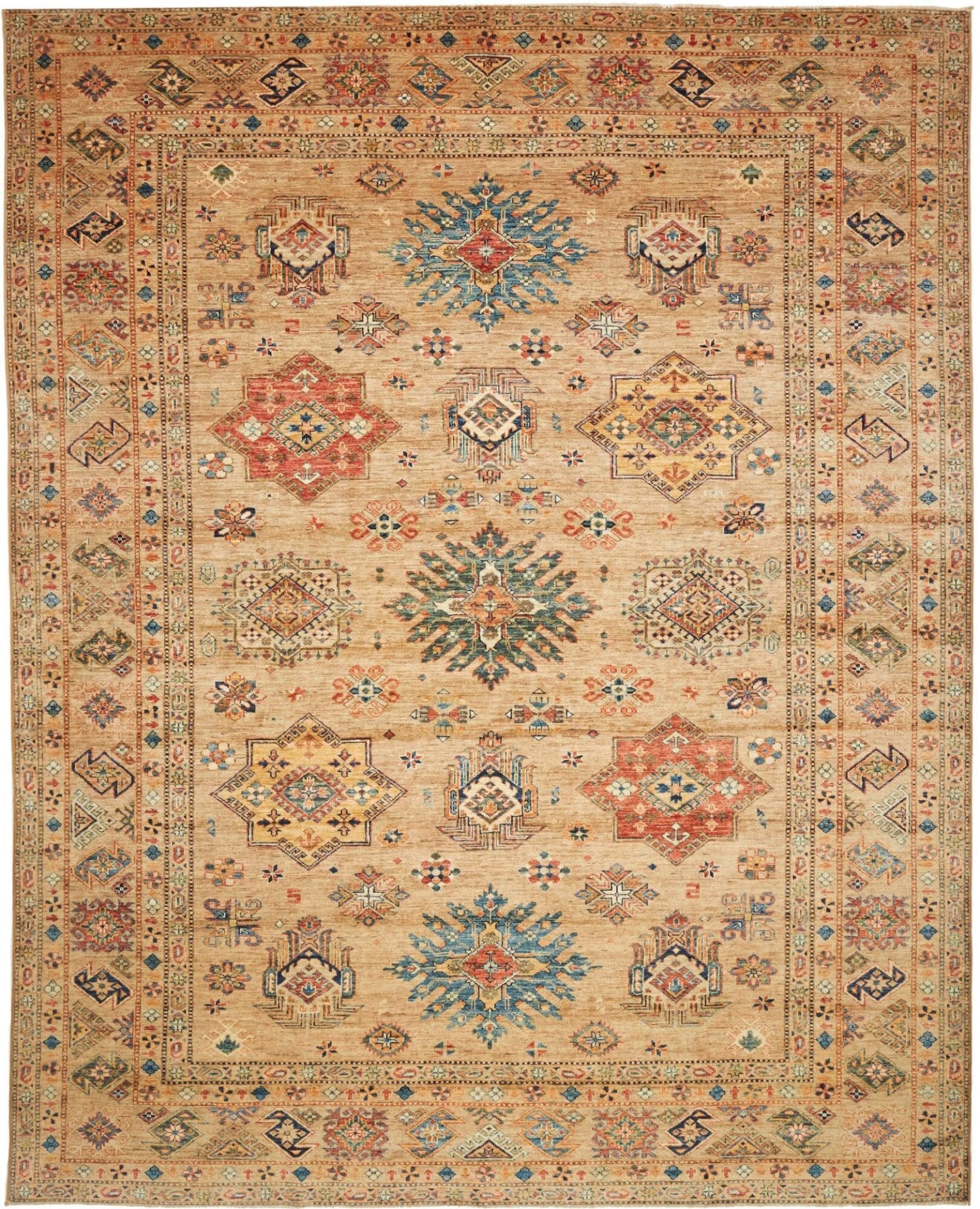 Kazak Orientteppich 255 x 315 cm, geometrische Muster, handgeknüpft