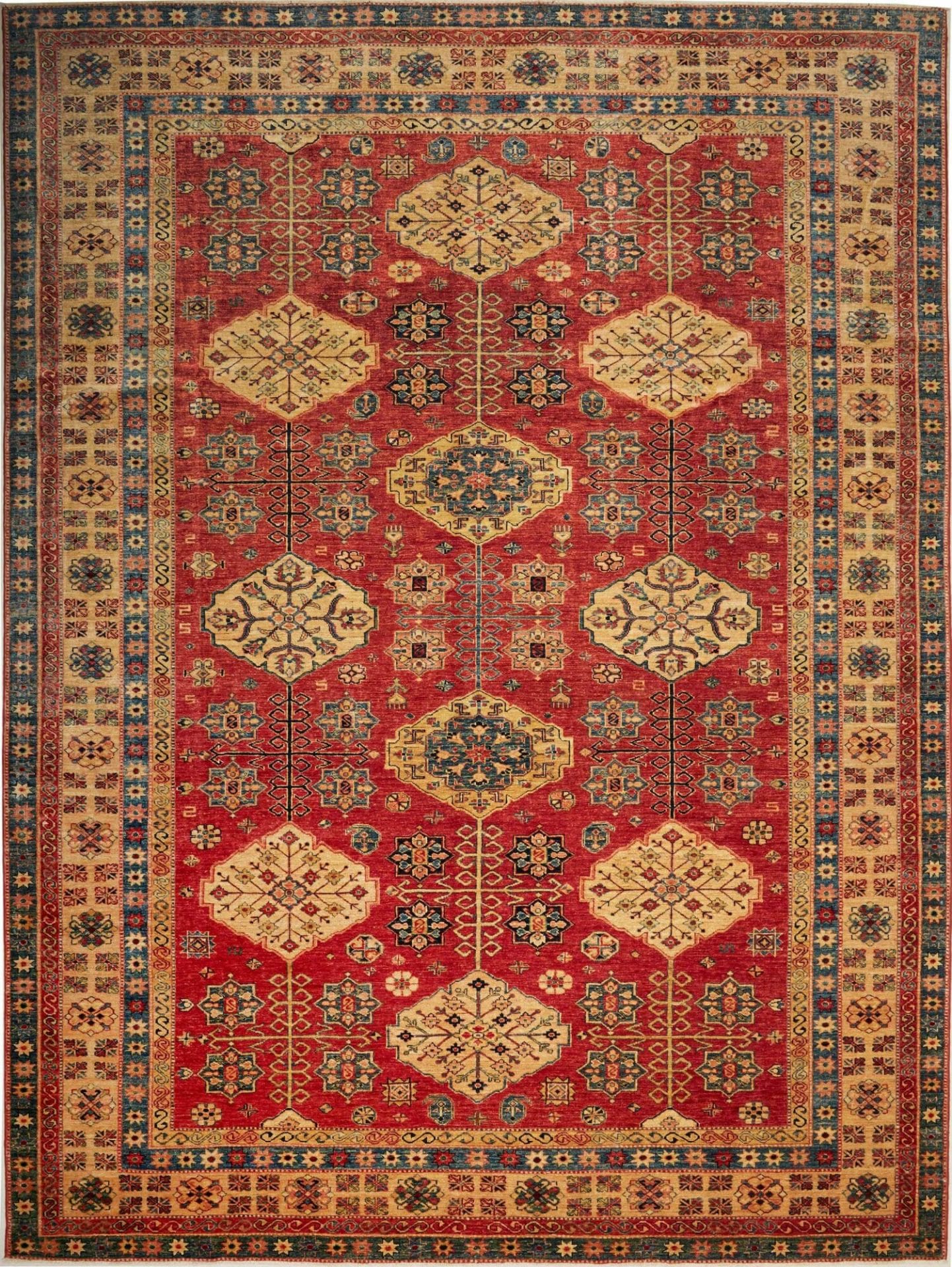 Kazak Orientteppich 277 x 374 cm, geometrisches Muster, handgeknüpft