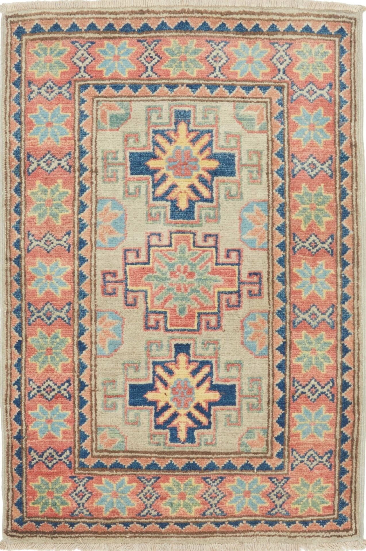 Kazak Orientteppich 60 x 87 cm, geometrische Muster, handgeknüpft