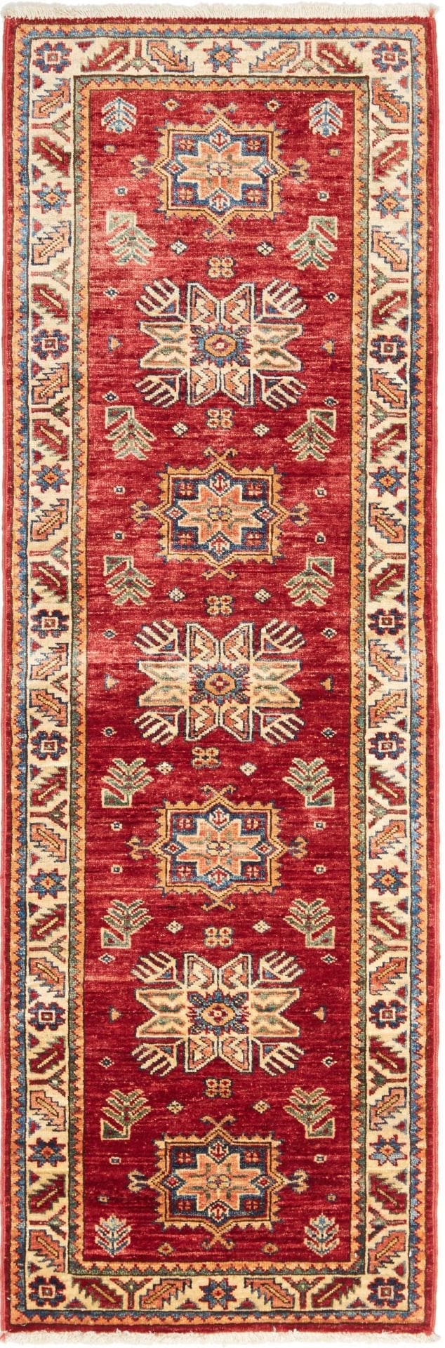 Kazak Orientteppich 62 x 185cm, geometrisches Muster, handgeknüpft