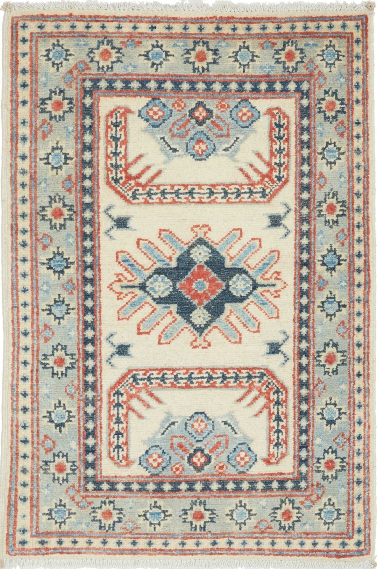 Kazak Orientteppich 63 x 90cm, geometrische Muster, handgeknüpft
