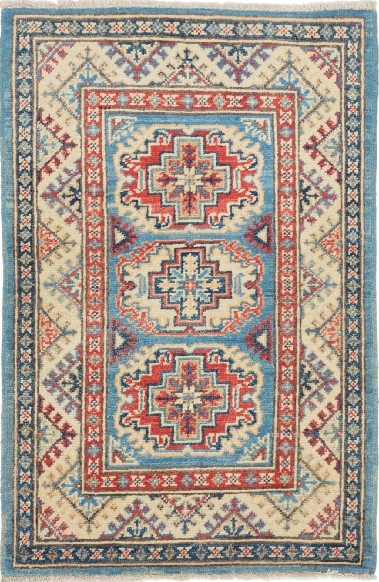 Kazak Orientteppich 64 x 92 cm, geometrisches Muster, handgeknüpft