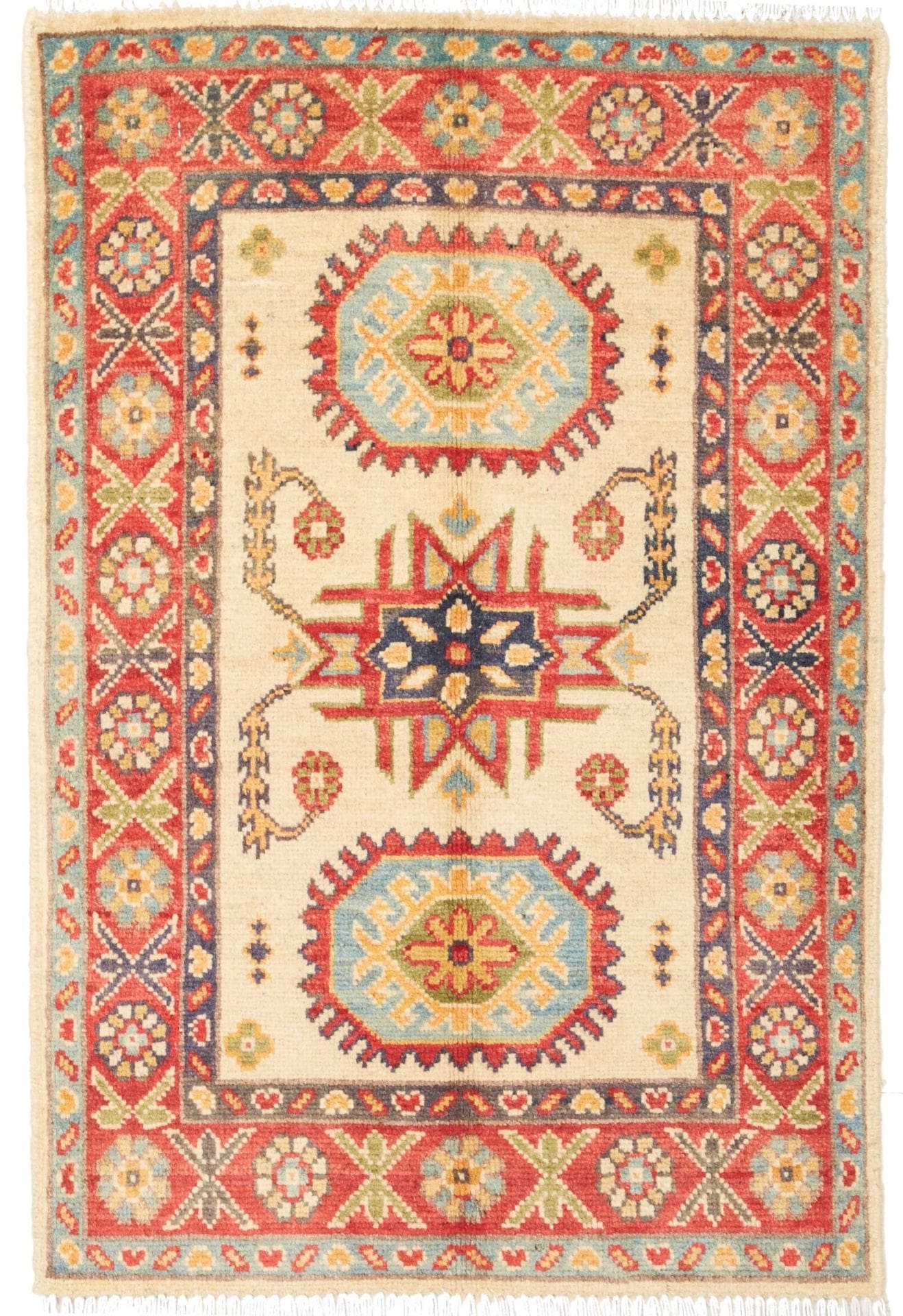 Kazak Orientteppich 65 x 91cm, geometrische Muster, handgeknüpft
