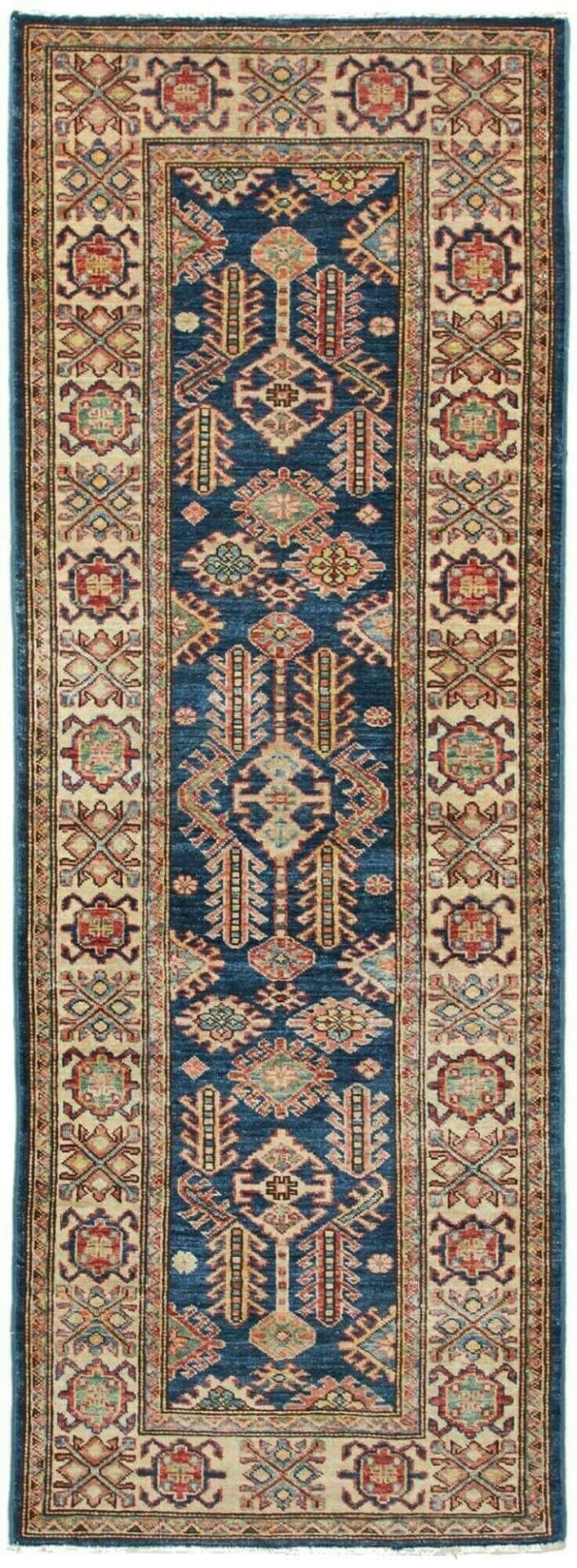 Kazak Orientteppich 76 x 208cm, geometrische Muster, handgeknüpft