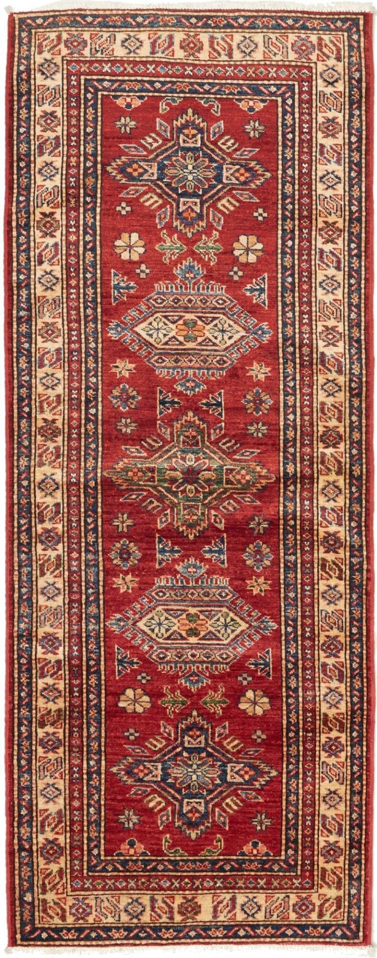 Kazak Orientteppich 81 x 198cm, geometrische Muster, handgeknüpft