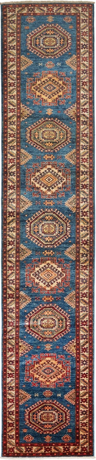 Kazak Orientteppich 83 x 420 cm, handgeknüpft, geometrische Muster