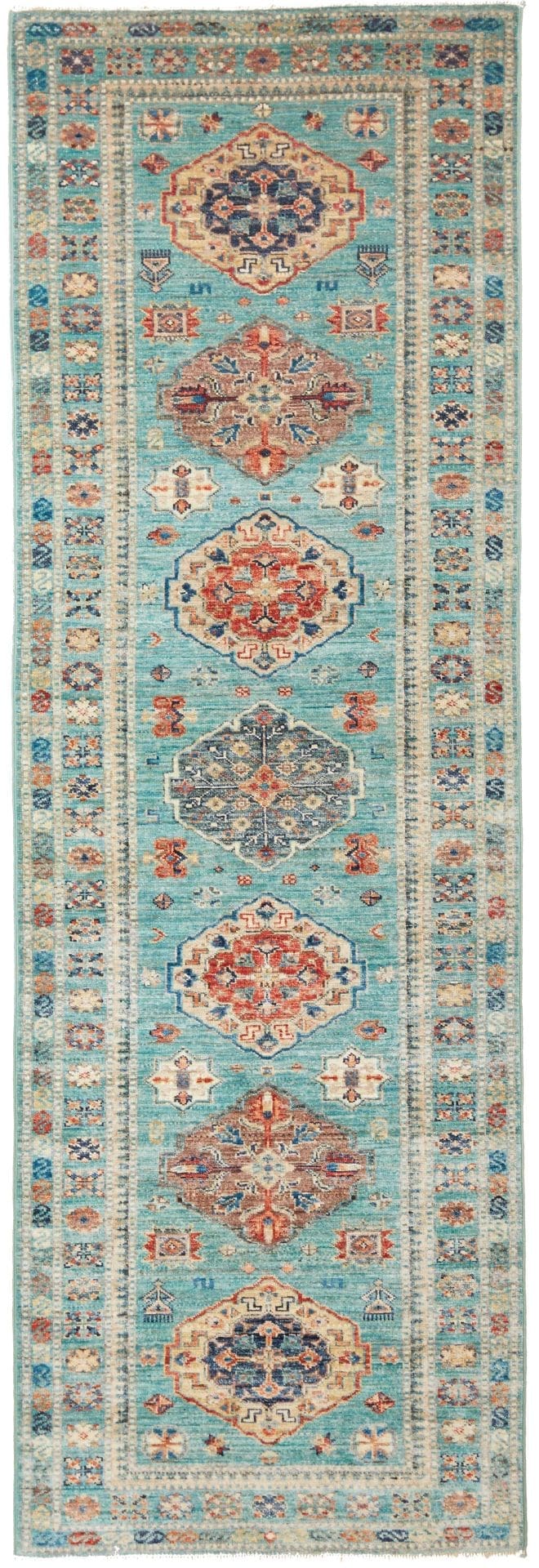 Kazak Orientteppich 86 x 250cm, geometrisches Muster, handgeknüpft