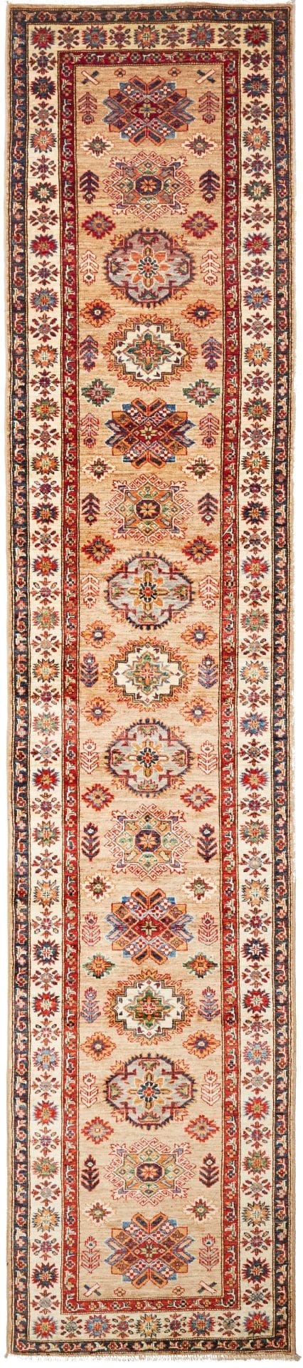 Kazak Orientteppich 89 x 405 cm, Schurwolle, geometrisches Muster, handgeknüpft