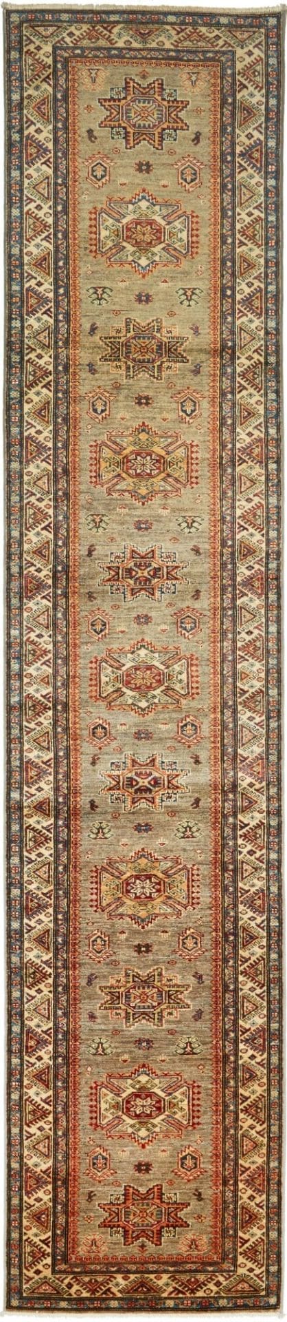 Kazak Orientteppich 89 x 413 cm, handgeknüpft, geometrische Muster