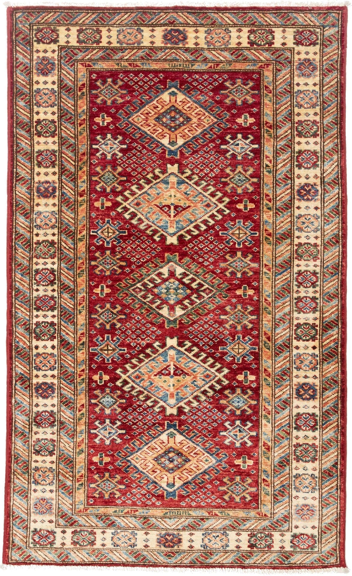 Kazak Teppich 101 x 153 cm, geometrisches Muster, handgeknüpft