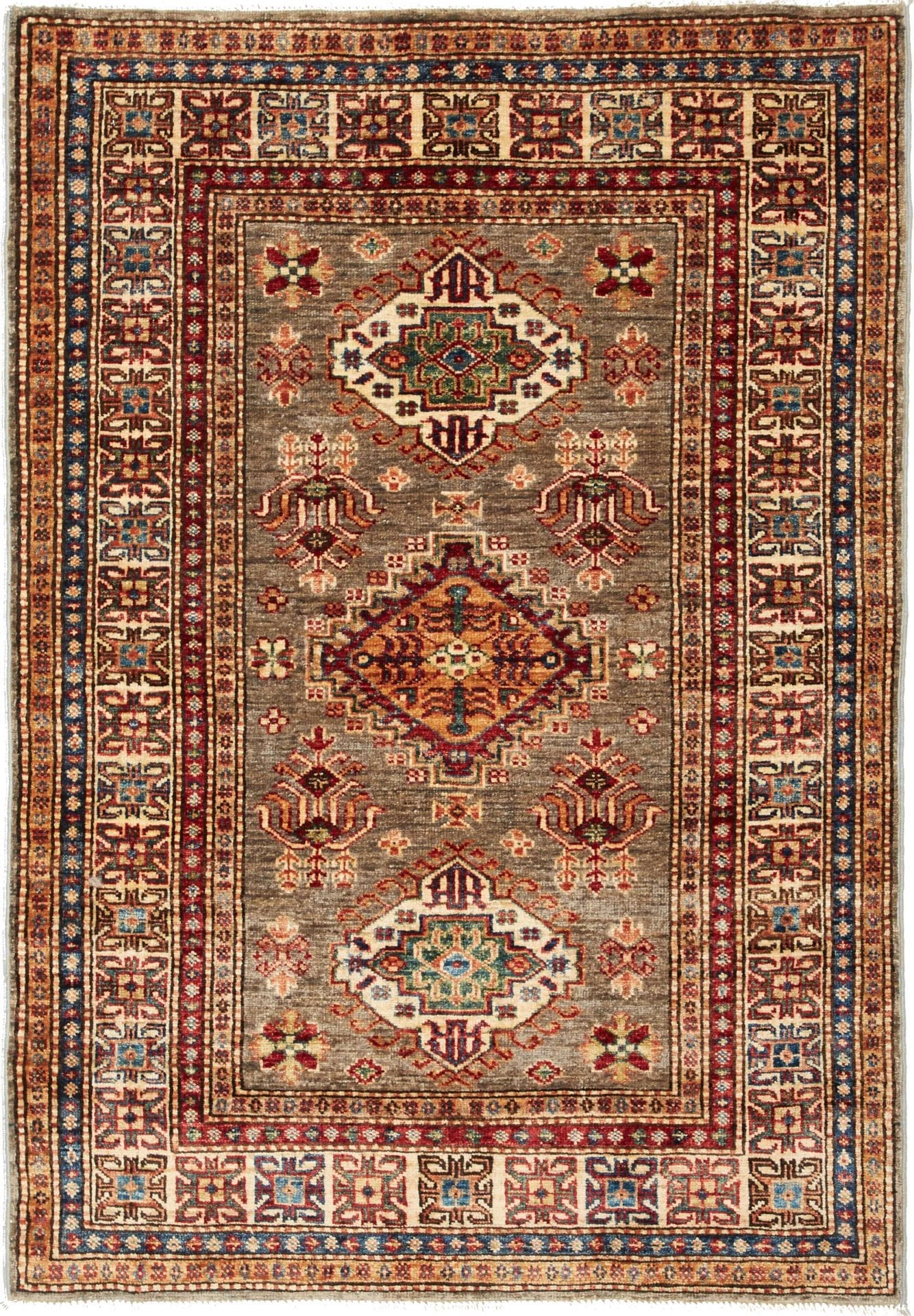 Kazak Teppich 102 x 143 cm, geometrische Muster, handgeknüpft