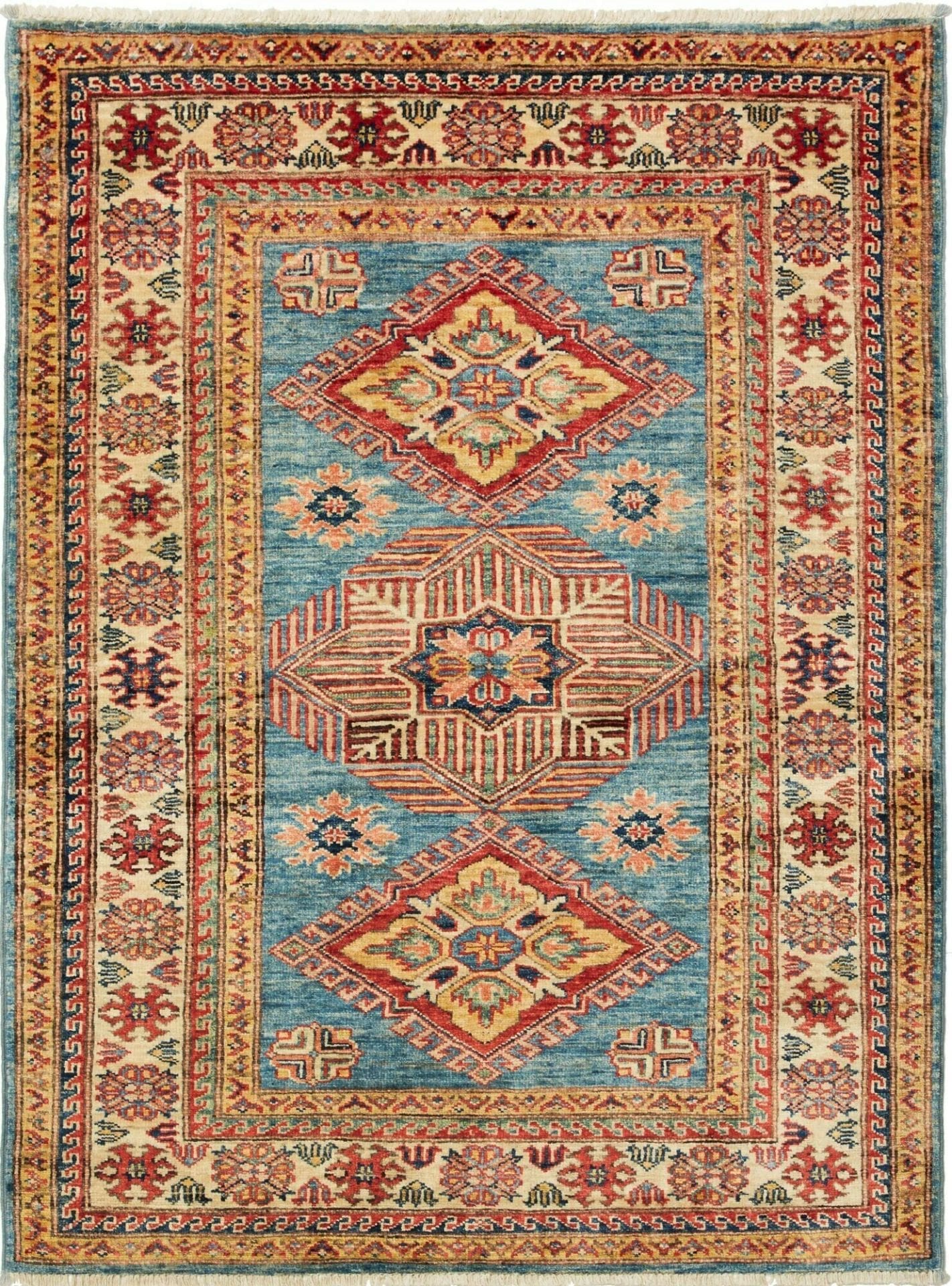 Kazak Teppich 103 x 134cm, geometrisches Muster, handgeknüpft