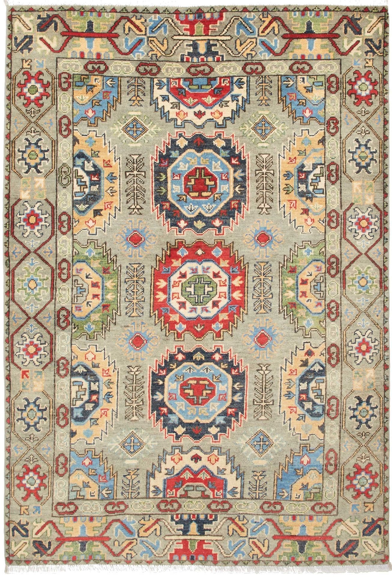 Kazak Teppich 125 x 178cm, geometrische Muster, handgeknüpft